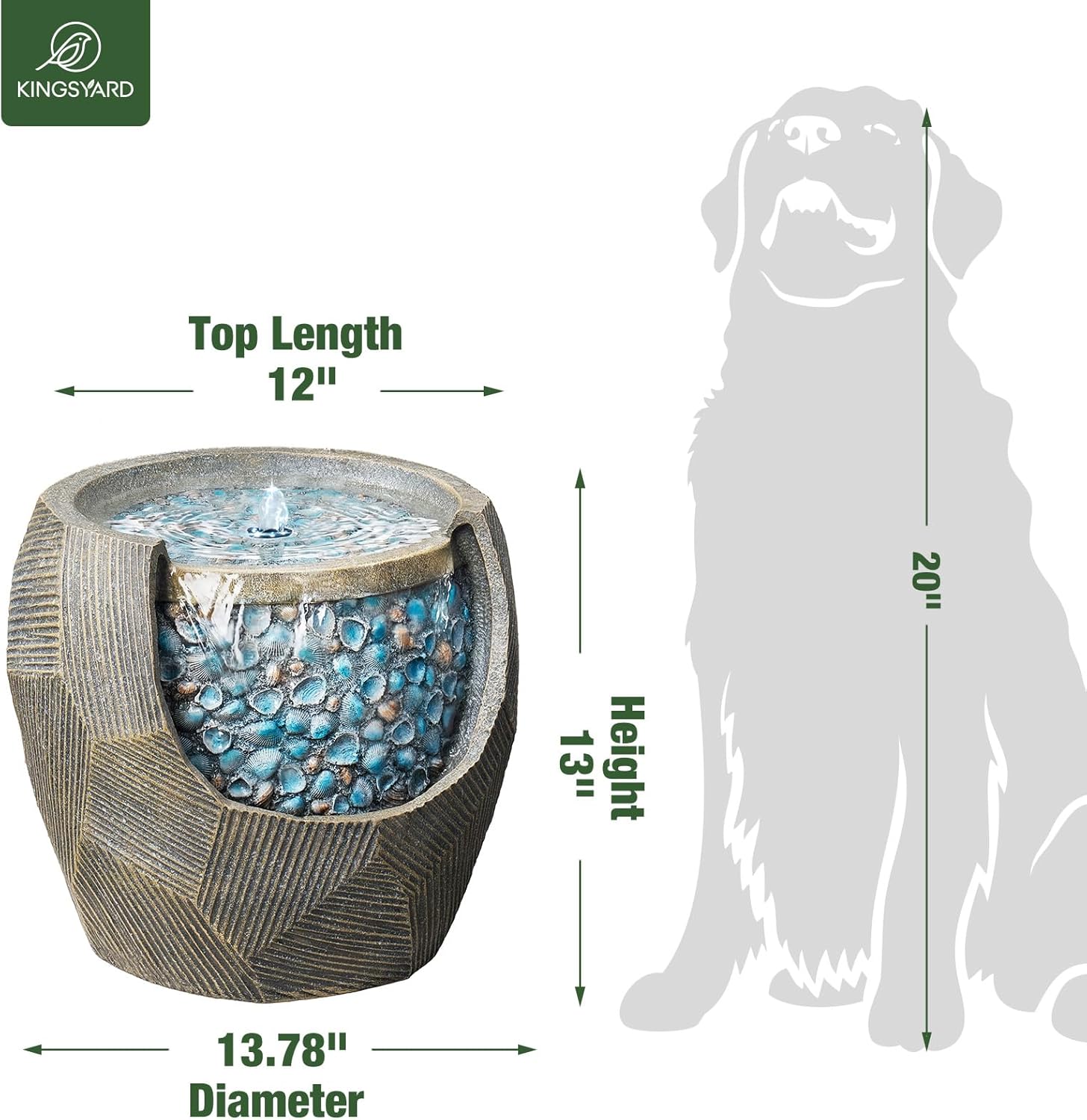 Kingsyard 13" Outdoor Water Fountain, Electric Resin Garden Waterfall with LED Lights, Quiet Outside Feature for Patio Porch Yard with Blue Seashell Decor