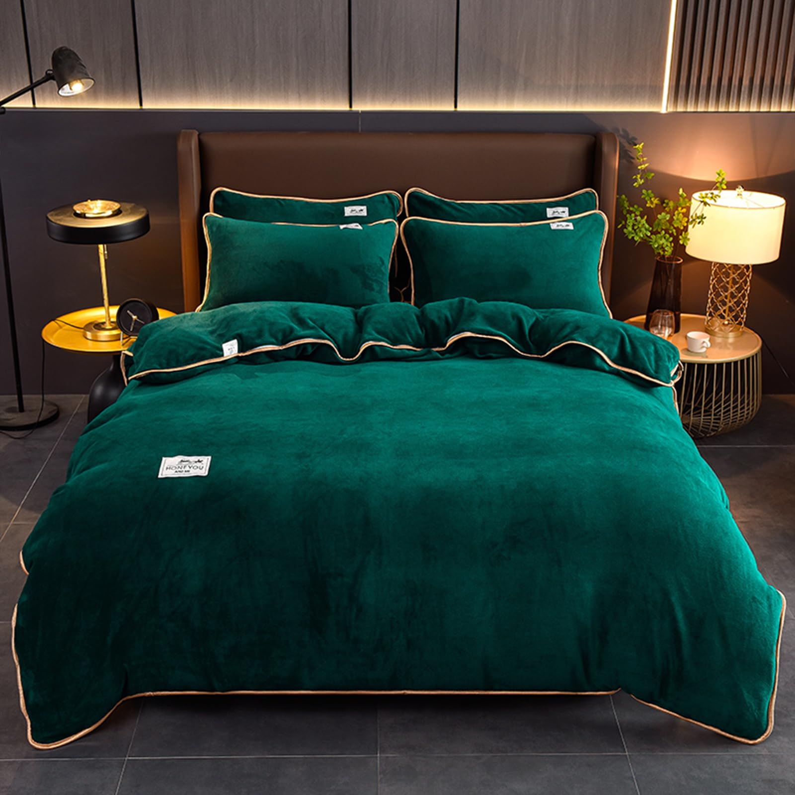 Juego de Funda Nórdica Cálida, Juego de Cama Térmico Grueso y Acogedor de Franela de Terciopelo, 1 Funda de Edredón de Forro Polar, 1 Sábana y 2 Fundas de Almohada (Dark Green,150x200cm)
