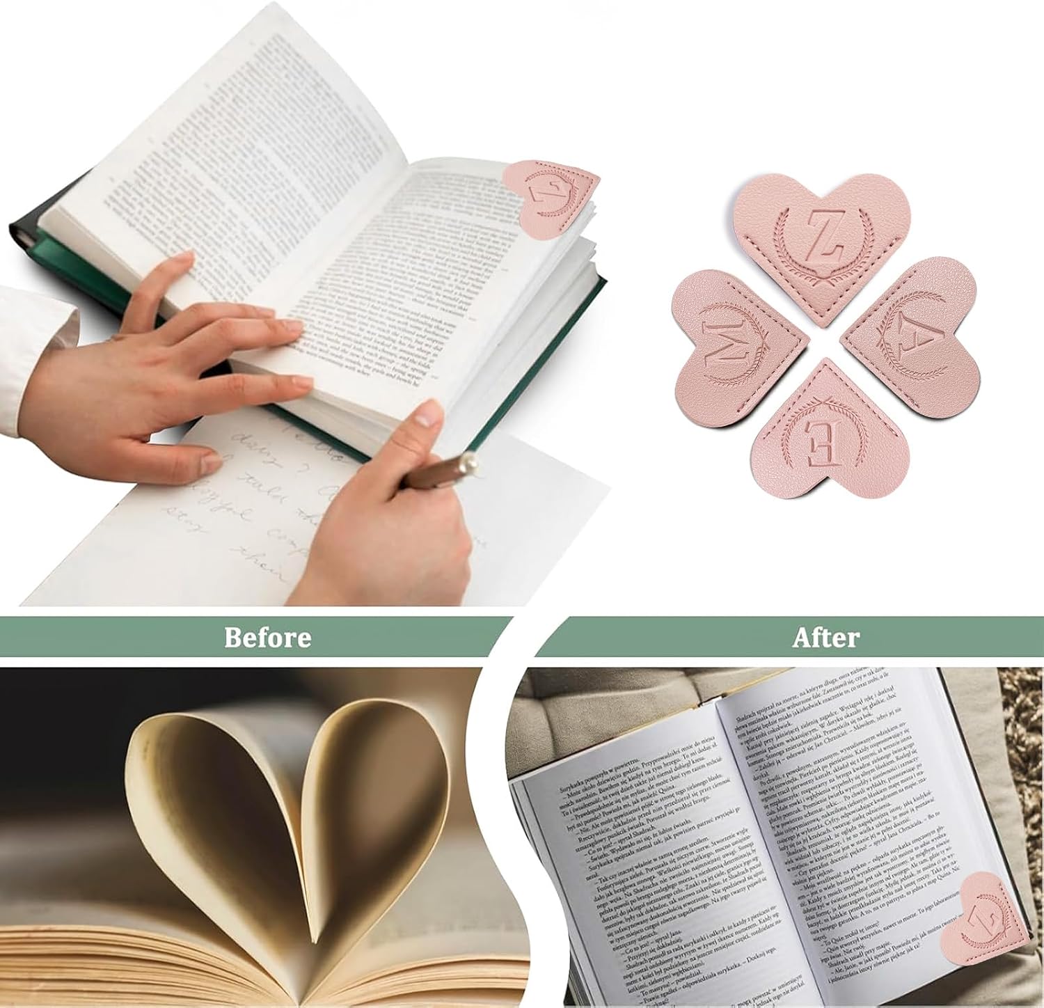 XIANGYUAN Personalized Leather Heart Bookmark with Initial,Cute Bookmarks 26 Letters Corner Book Marks for Reading Women,Men, Kids,Book Accessories for Book Lovers Gifts(Pink Z) image 4