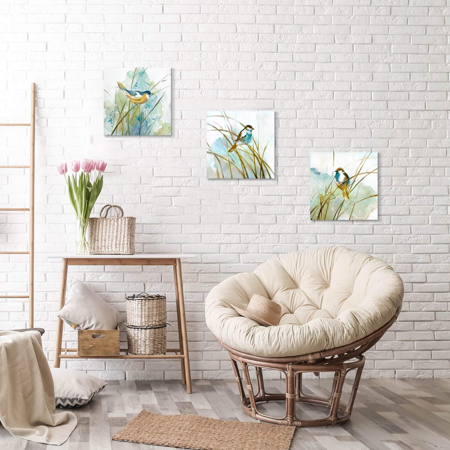 Abstract Birds Canvas Wall Art: Colorful Birds in Grass Artwork Animal Painting Picture for Living Room (16” x 16” x 3 Panels)