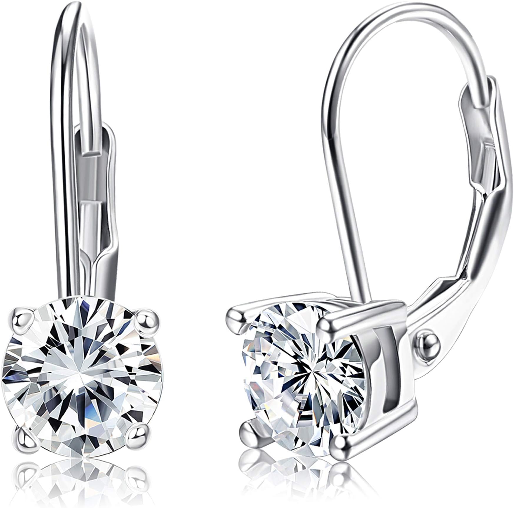 Solid 925 Sterling Silver Leverback Earrings 18K White Gold Plated Hypoallergenic Dangle Drop Square Heart Round Cubic Zirconia Earrings for Women