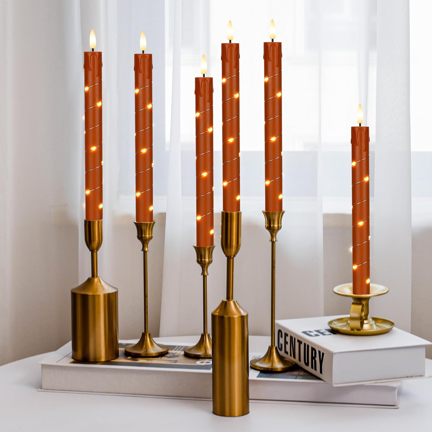 3 Pack Red Flameless Taper Candles with Warm LED Flame and Built-in Starry String Lights – 10 Inch Battery Operated Window Candles with Remote Control and Timer for Christmas, Party or Home Decor