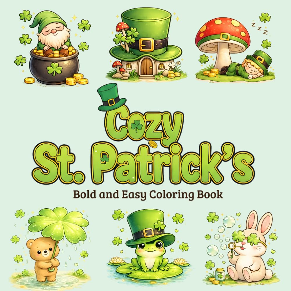 cozy st patricks bold and easy coloring book: Simple, Large Print Designs for Relaxation Featuring Cute Shamrocks, Gnomes, Animals & Cozy Irish Scenes for Kids Teens and Adults