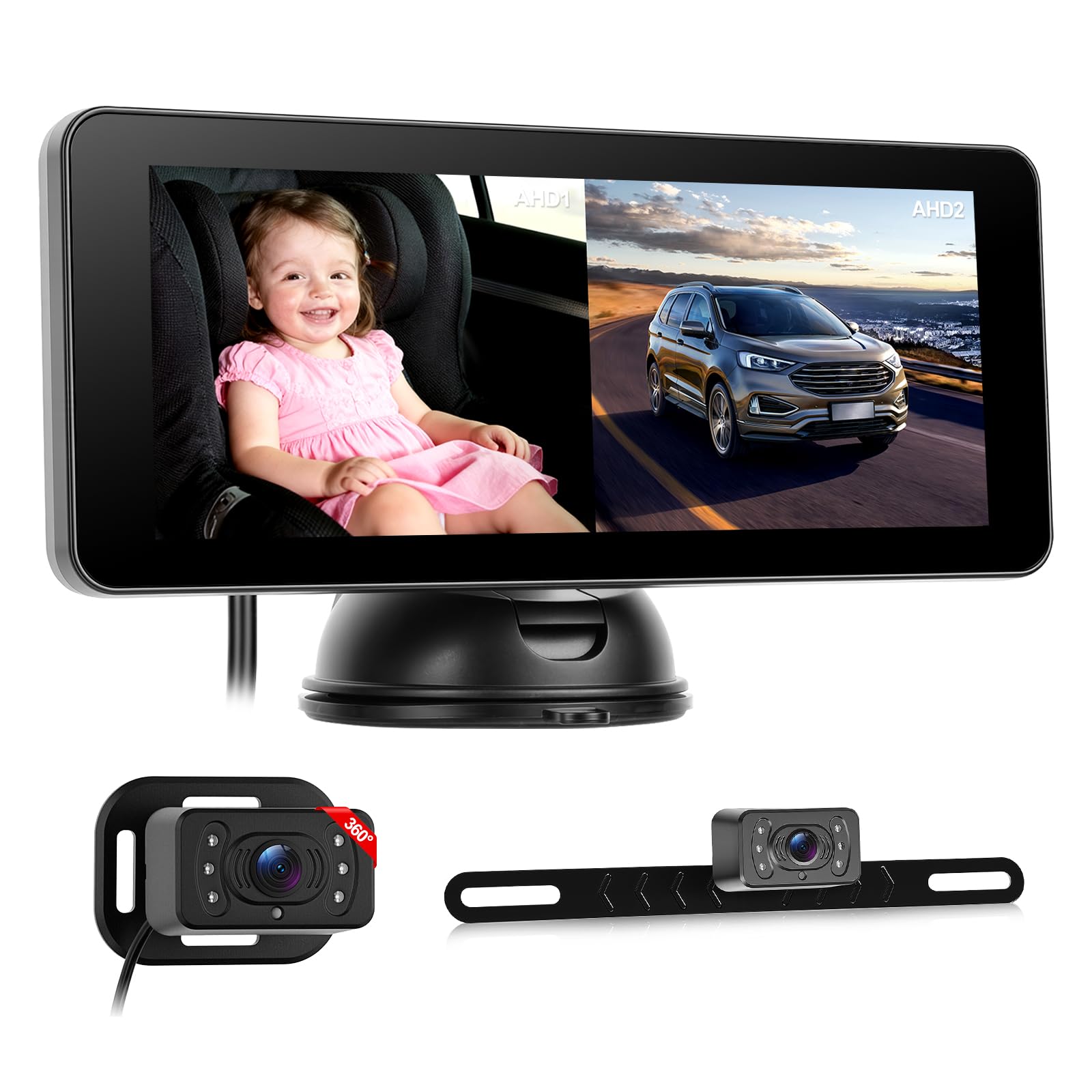 Cámara para bebés y Cámara de Marcha atrás 2 en 1, Monitor IPS con Pantalla de 6,86 Pulgadas, Dos cámaras HD 1080P con visión Nocturna, Gran Angular, para reposacabezas y matrícula del Coche