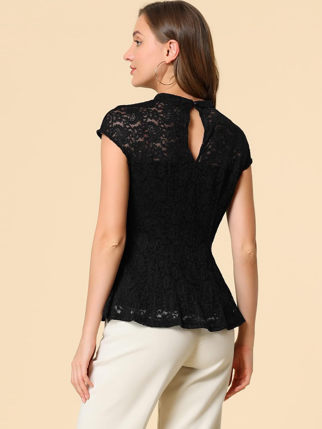 Allegra K Women's Crochet Peplum Floral Crochet Mock Neck Tops Cap Sleeve Lace Blouse - Image 5