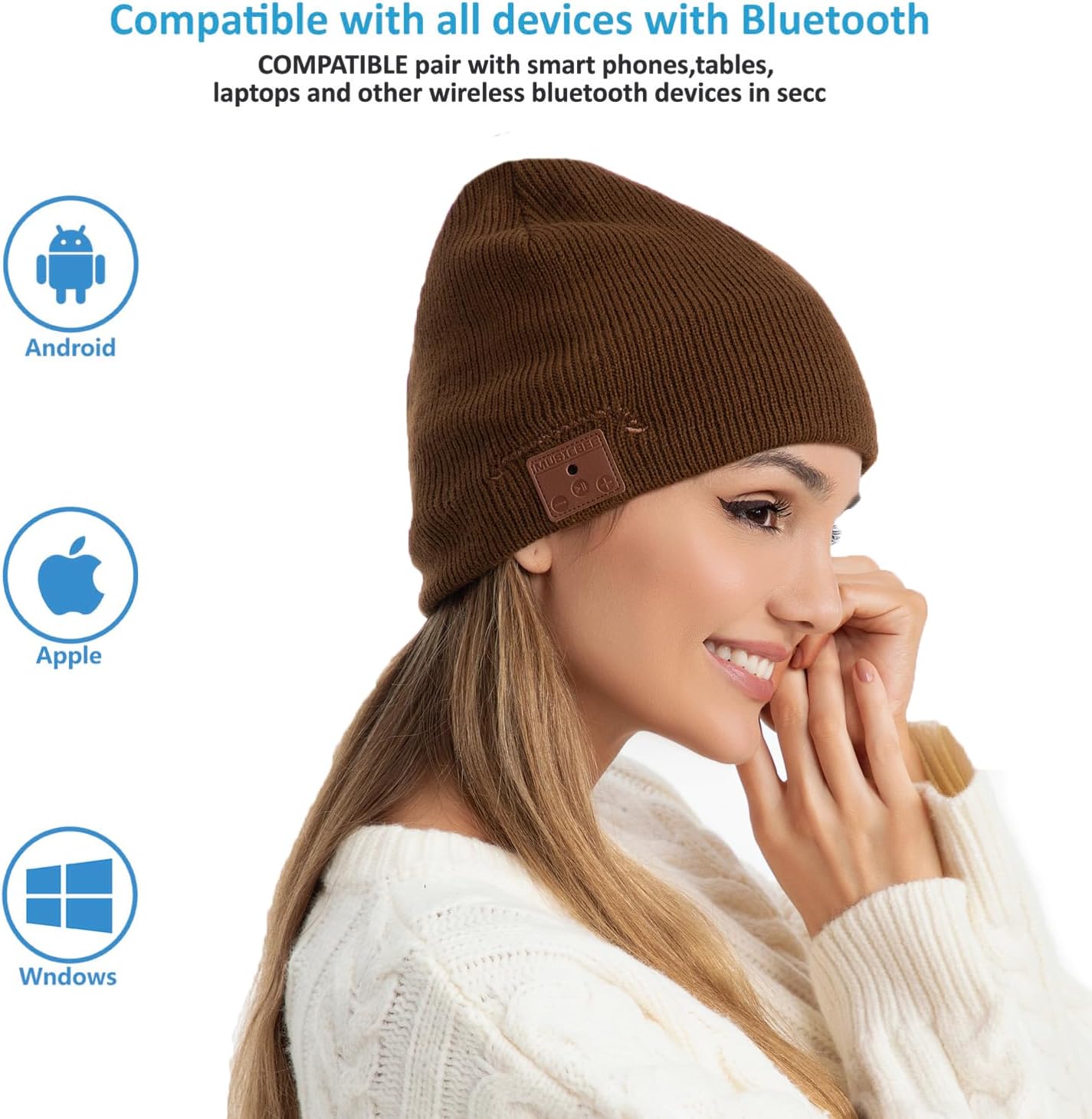 beanie Bluetooth, MUSICBEE Bluetooth V5.2 Wireless Knit Winter Cap, 24 Hour Play time, Built-in Microphone and HD Stereo Speakers(Black