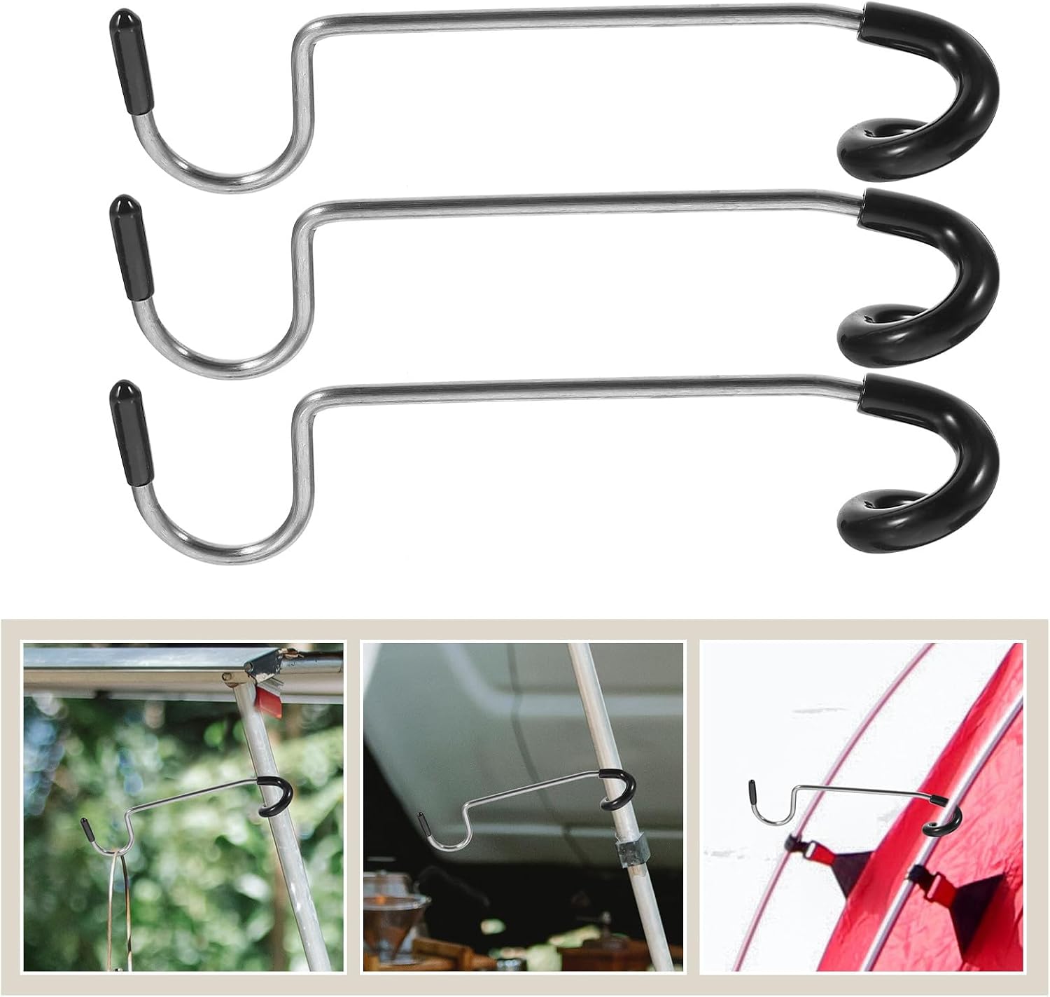 FUOYLOO 3pcs Stainless Steel Camping Lantern Hooks Black Pole Hangers Multi-Functional Tent Light Hooks Outdoor Camping Supplies Accessories
