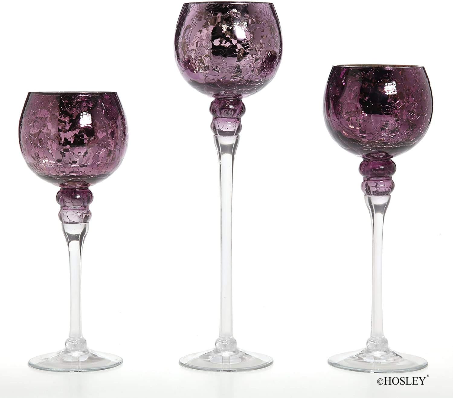 Hosley Set of 3 Crackle Purple Glass Tealight Holders 12 Inch, 10 Inch, 9 Inch Heights for Captivating Candlelight Ambiance Radiant Elegance