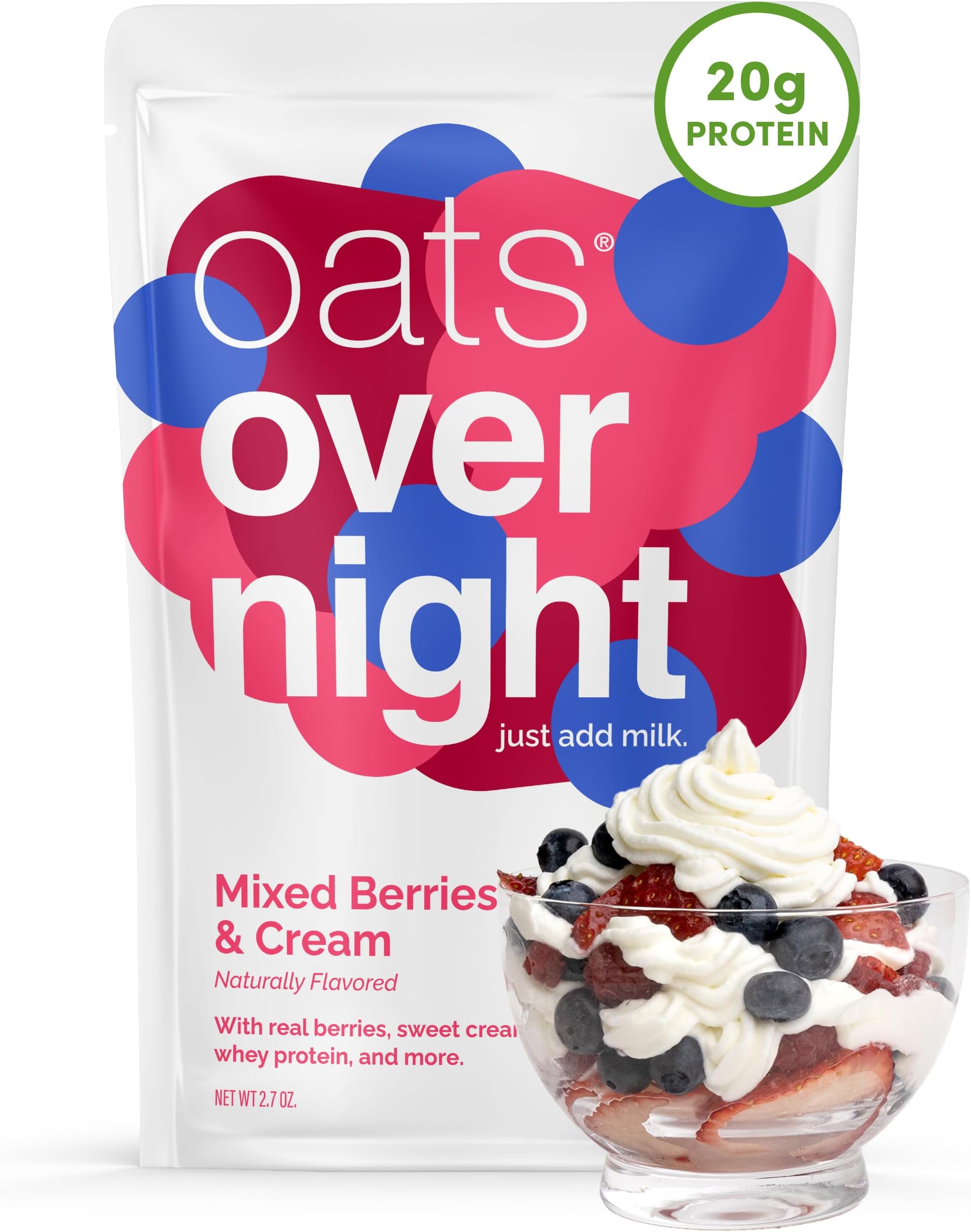 Oats Overnight - Mixed Berries & Cream - 22g Protein, High Fiber Breakfast Shake - Gluten Free, Non GMO Oatmeal (2.8 oz per meal) (8 Pack)