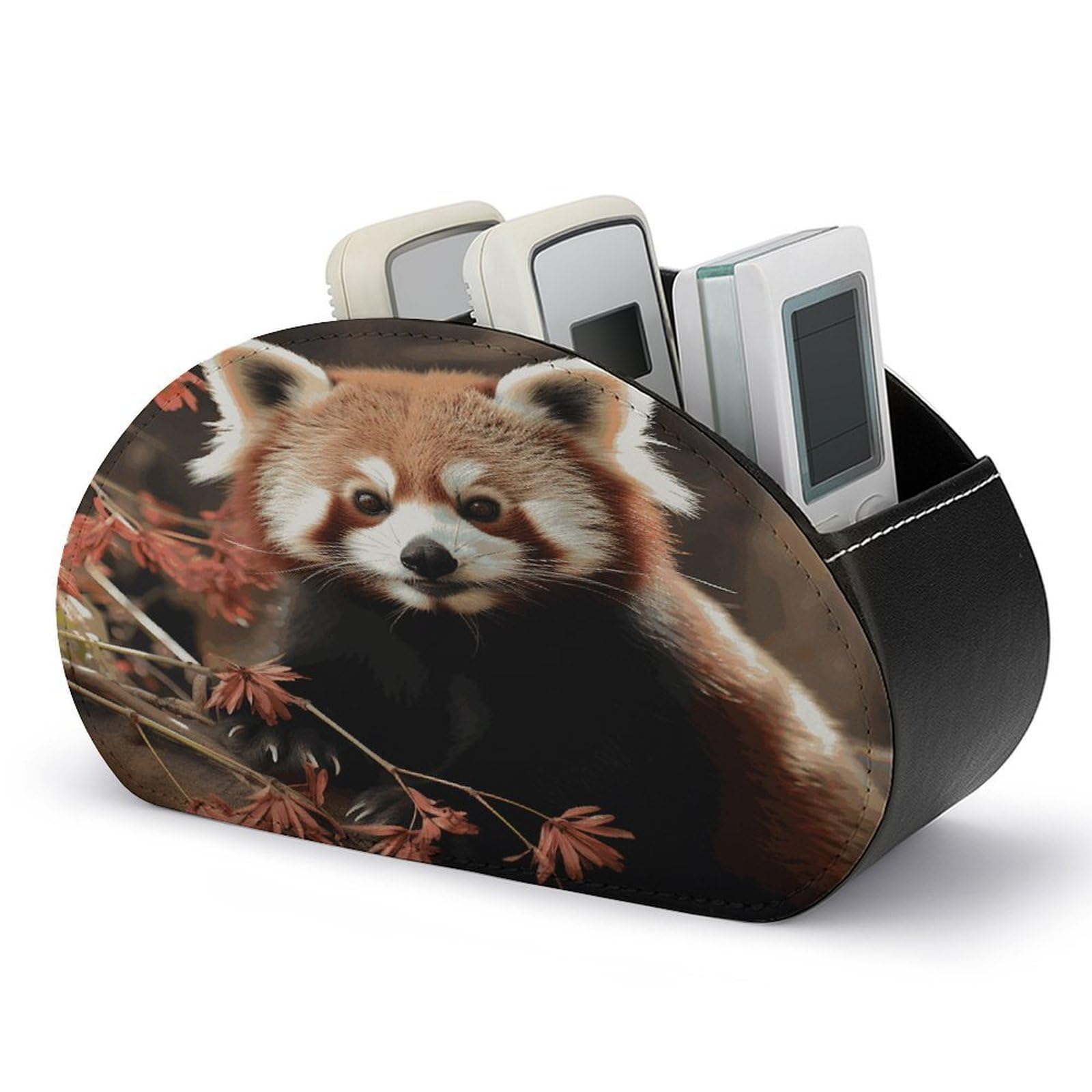 FekiLoot Red Pandas TV Remote Control Holder with 5 Compartments Multi-functional Leather Bedside Table Remote Caddy Desktop Storage Box for Store Pen Controller Media Player Cosmetic