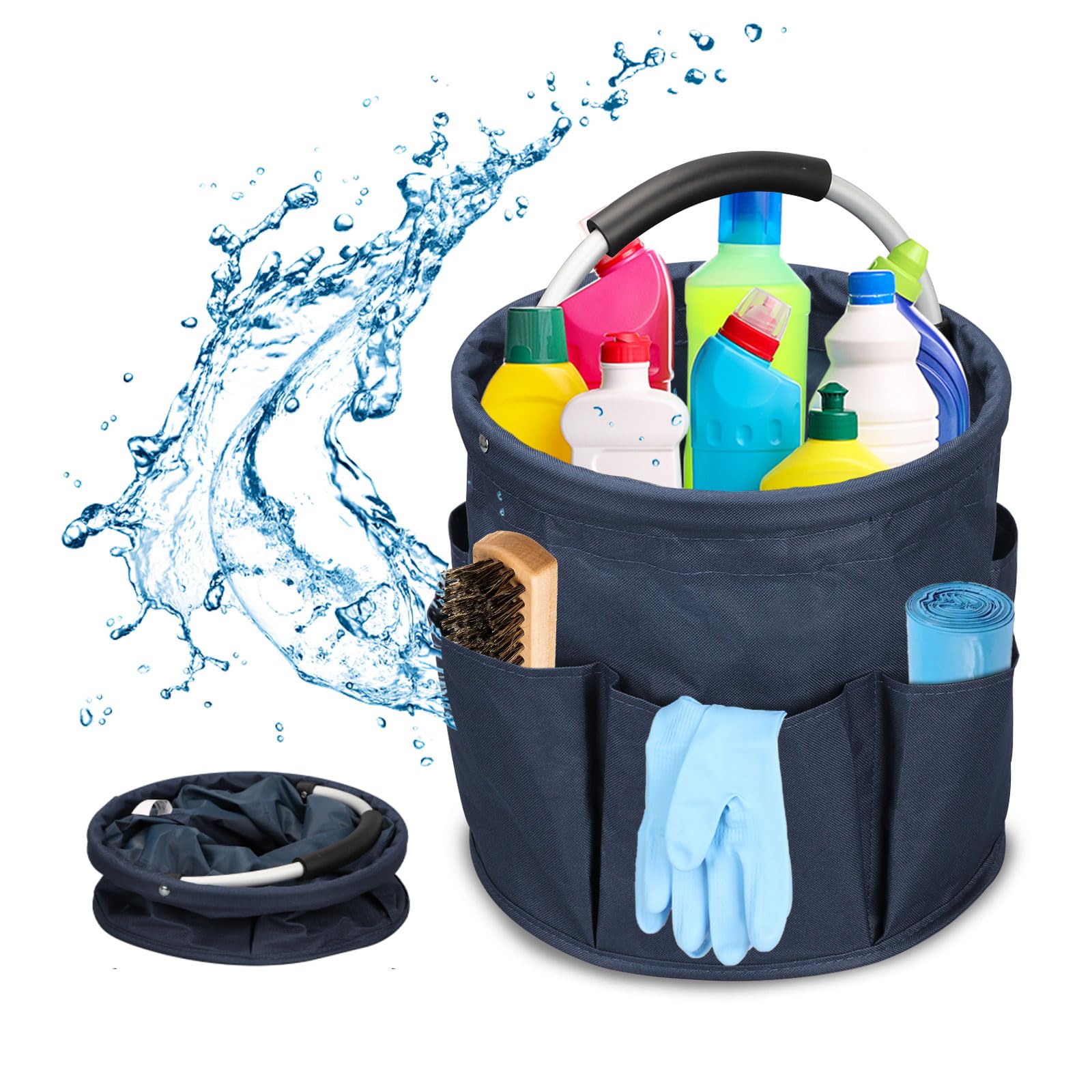 Cesta de Limpieza Portatil, Organizador de Productos de Limpieza con Asa y 6 Bolsillos Exteriores, Plegable Cesta Porta Herramientas de Tela Oxford para Interior, Jardín, Baño (Azul)