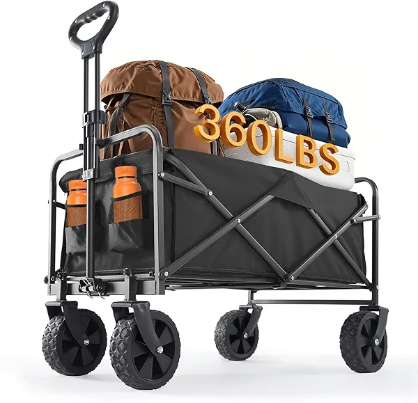 Sweetcrispy Foldable Wagon Cart, Collapsible Large Capacity Garden Cart with Wheels, Heavy Duty Utility Grocery Wagon with Drink Holders for Shopping Sports Camping
