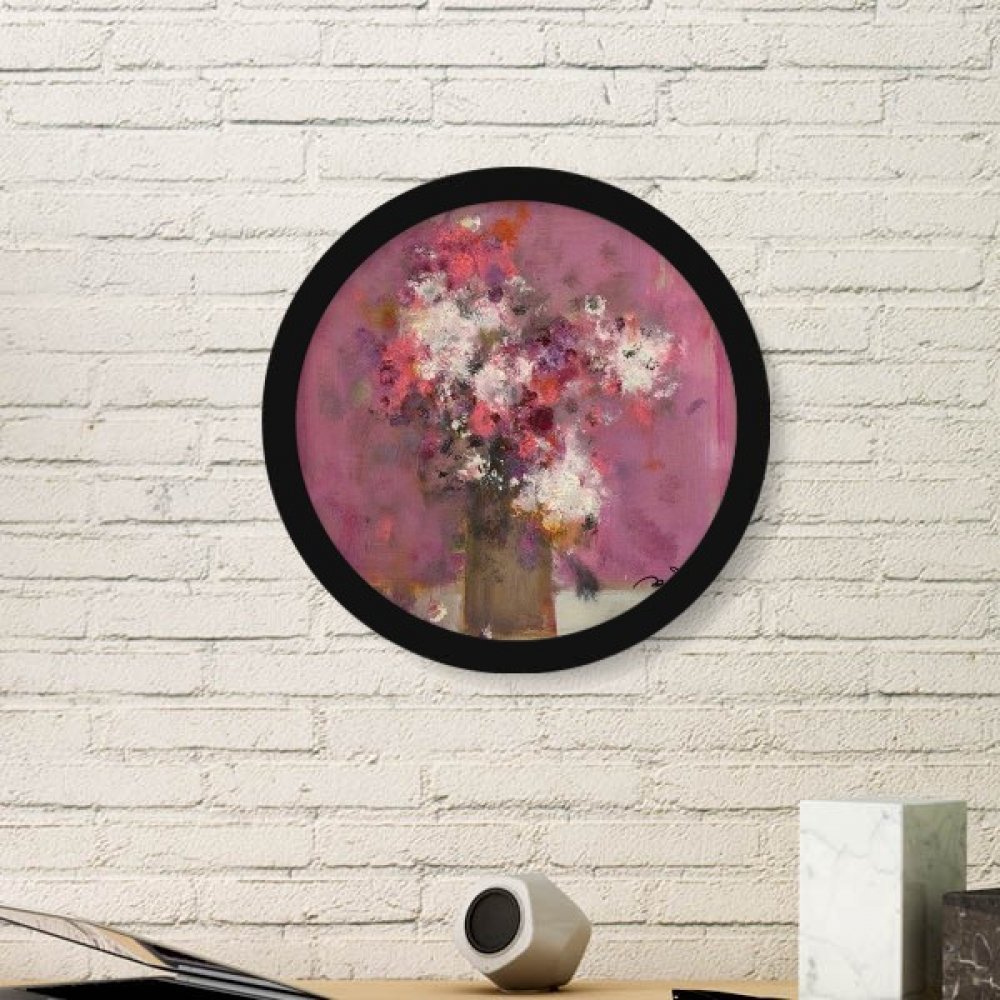 Peinture à l'huile de fleurs roses en cadre rond bois noir pour salon