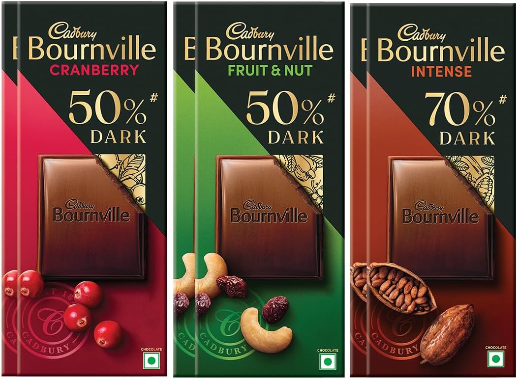 Bournville Dark Chocolate Bars Combo (2 x Cranberry78 gm, 2 x Fruit & Nut 75 gm, 2 x 70% Dark Chocolate Bar 75 gm)
