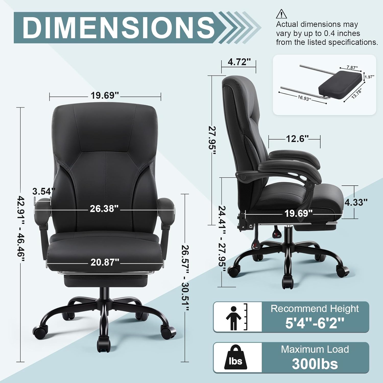 Executive Office Chair,High Back Ergonomic Comfy Desk Chair with Footrest and Padded Linkage Armrests,PU Leather Heavy Duty Computer Swivel Rolling Task Chair for Home Office,Adults,Black