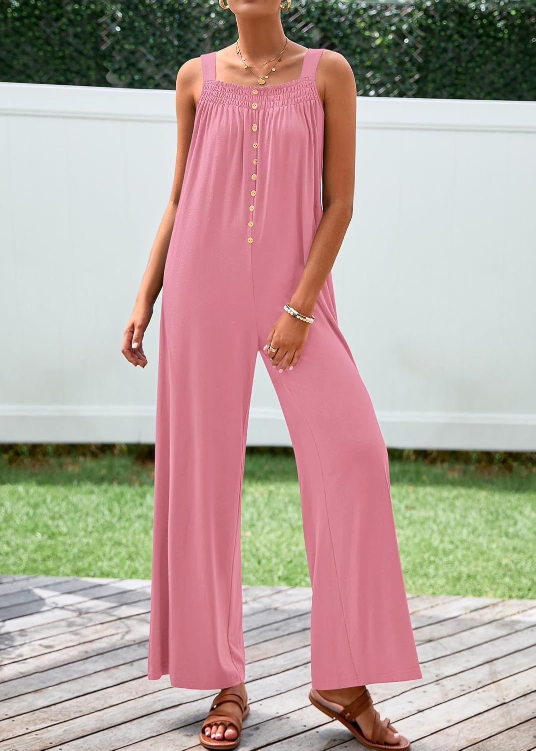 KIRUNDO Summer One Piece Jumpsuits For Women 2025 Casual Loose Button Sleeveless Romper Knit Wide Leg Overalls With Pockets - Image 8