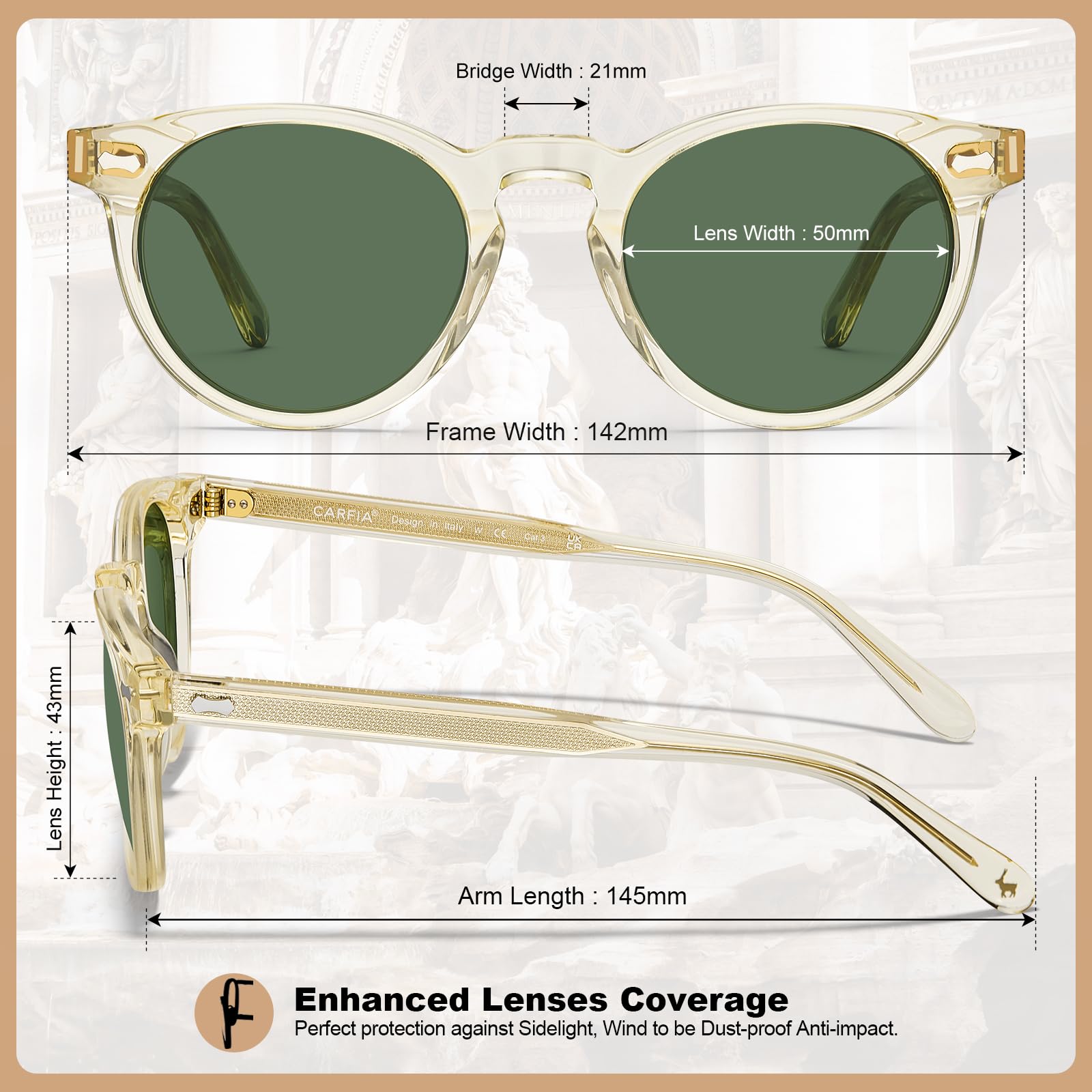 Carfia Lunettes de Soleil Homme Polarisée, Design Retro Acétate Rond Protection UV400 Lunettes pour Conduite et Voyages CA5506