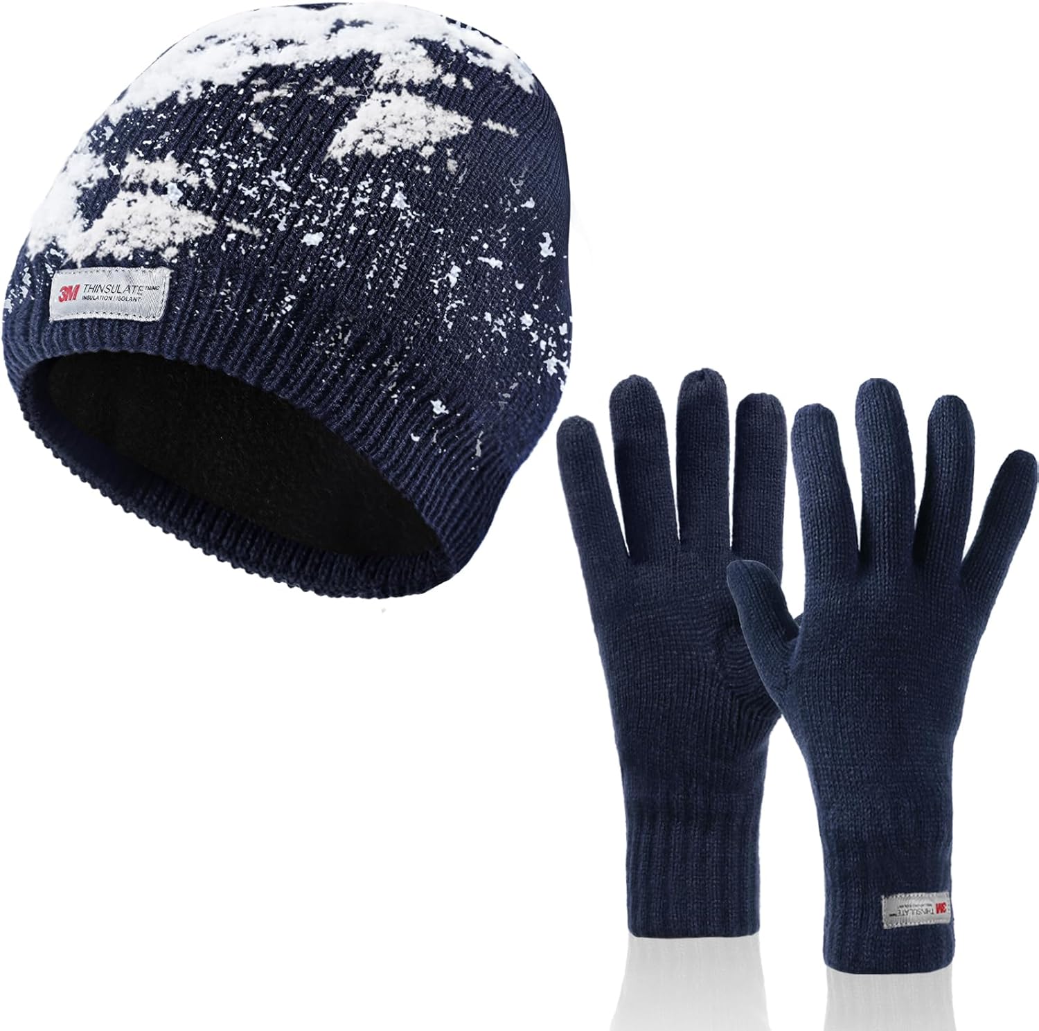 Waterproof Fleece Lined Winter Hat & Gloves Set for Men Women Warm Knit Beanie 2 Pack for Outdoor