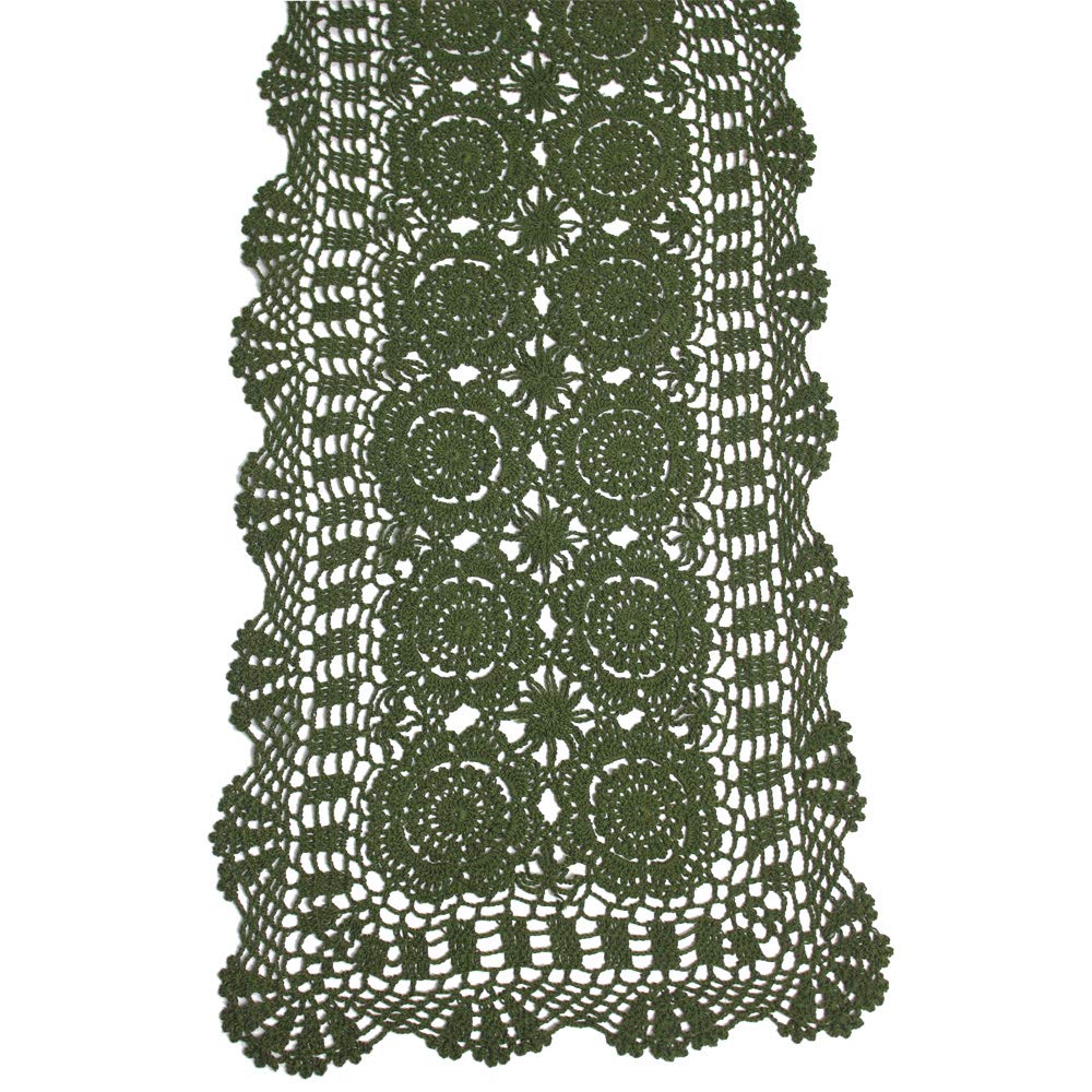 KEPSWET Cotton Handmade Crochet Lace Table Runner Olive Green Rectangle Coffee Table Dresser Decor (14x48 inch)