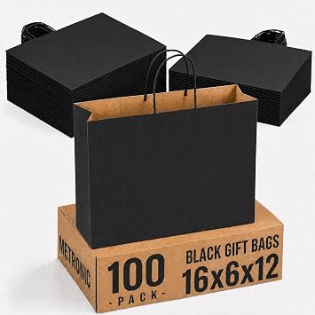 METRONIC Black Paper Bags 16 x 6 x 12 100 Pack,Large Kraft Gift Bags with Handles, Recyclable for Shopping Retail Party Favor Merchandise Holiday Birthday Business