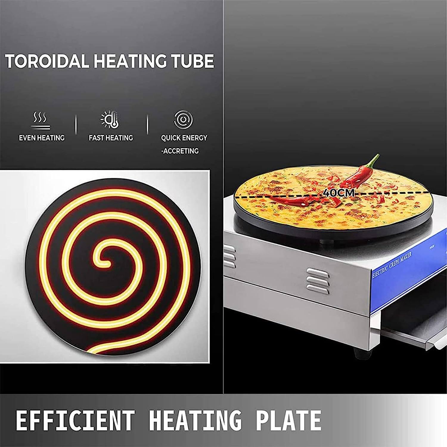 Crepera Profesional Electrica, Dispositivo Profesional, crepera, 45 cm (15.7 Pulgadas), Temperatura Ajustable, para Crepes Dulces, Galletas saladas, Tortitas y Tortitas,110V