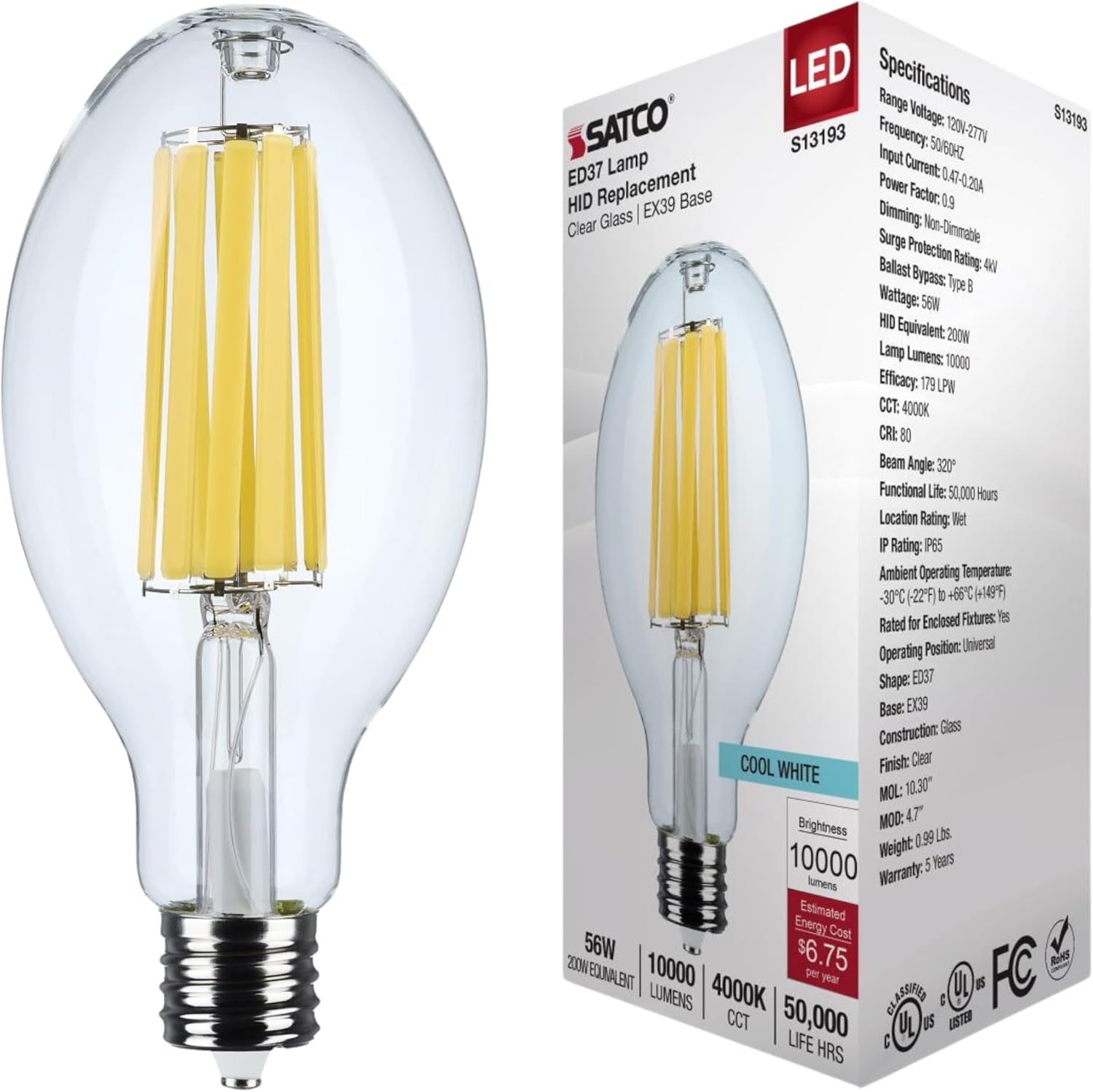 Satco S13193 56W LED HID Replacement Bulb, 4000K Cool White, 10,000 Lumens, EX39 Mogul Extended Base, Clear Finish, 80+ CRI, Non-Dimmablefor Industrial and Commercial Fixtures