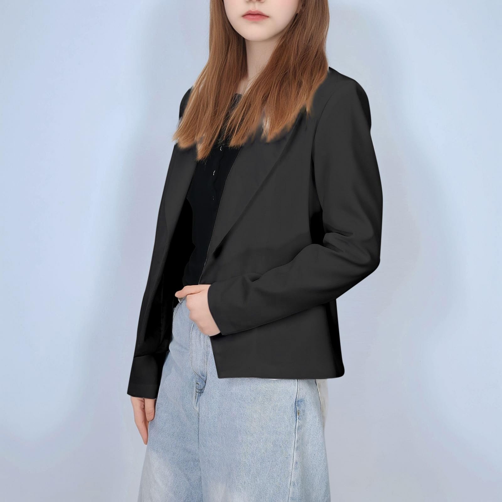 Chaqueta Formal Niña Liso Solapa Traje Frente Abierto Top Manga Larga Talla 5-14 Años