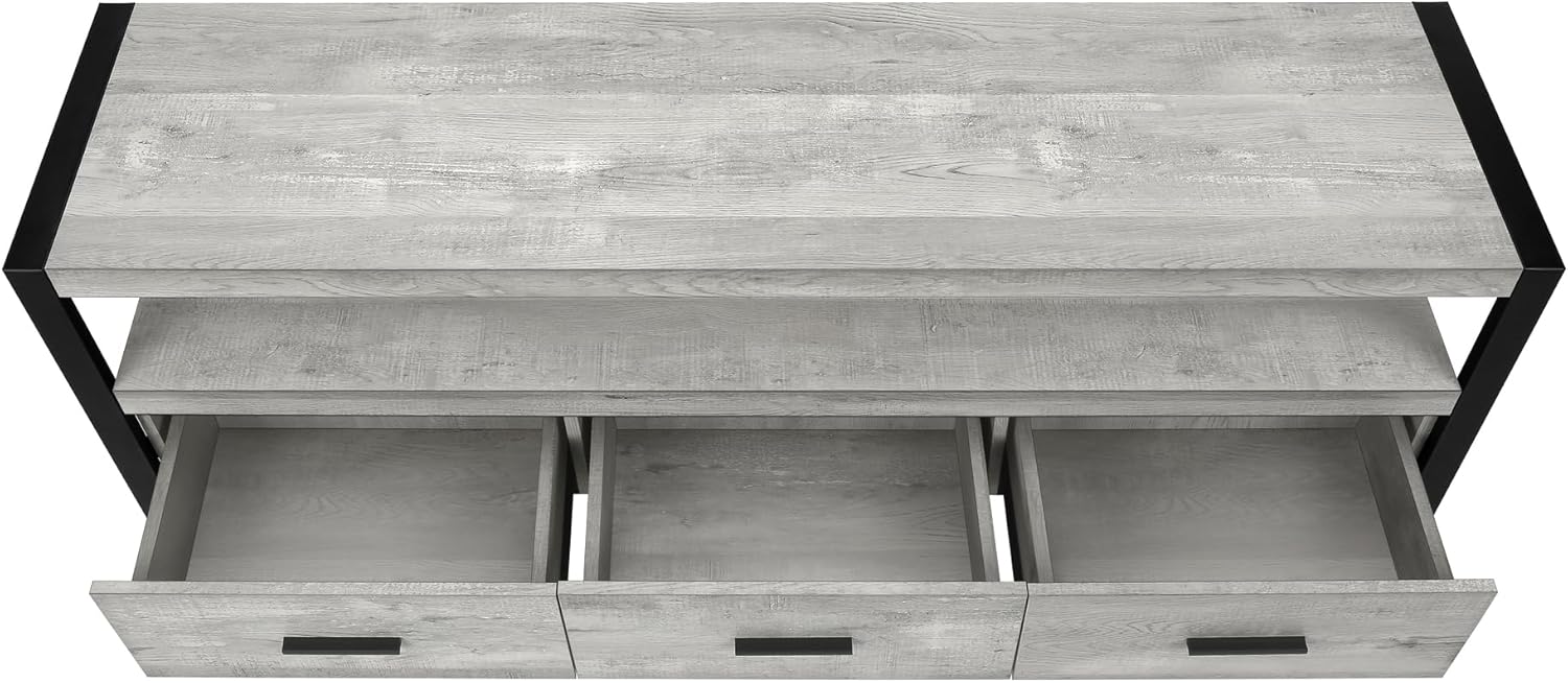 Monarch Specialties TV Stand-Console with 3 Drawers and Shelves-Industrial Modern Style Entertainment Center with Metal Legs, 60" L, Grey Reclaimed Wood Look