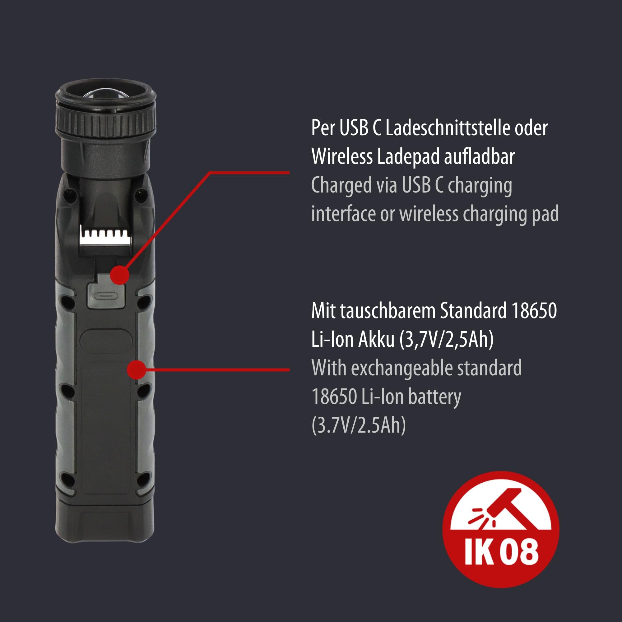 Brennenstuhl Torcia LED professionale TL 1000 ACW (lampada da lavoro 1000 lm con durata massima 12 ore, magnete, batteria sostituibile, ricarica wireless, cavo USB C incluso
