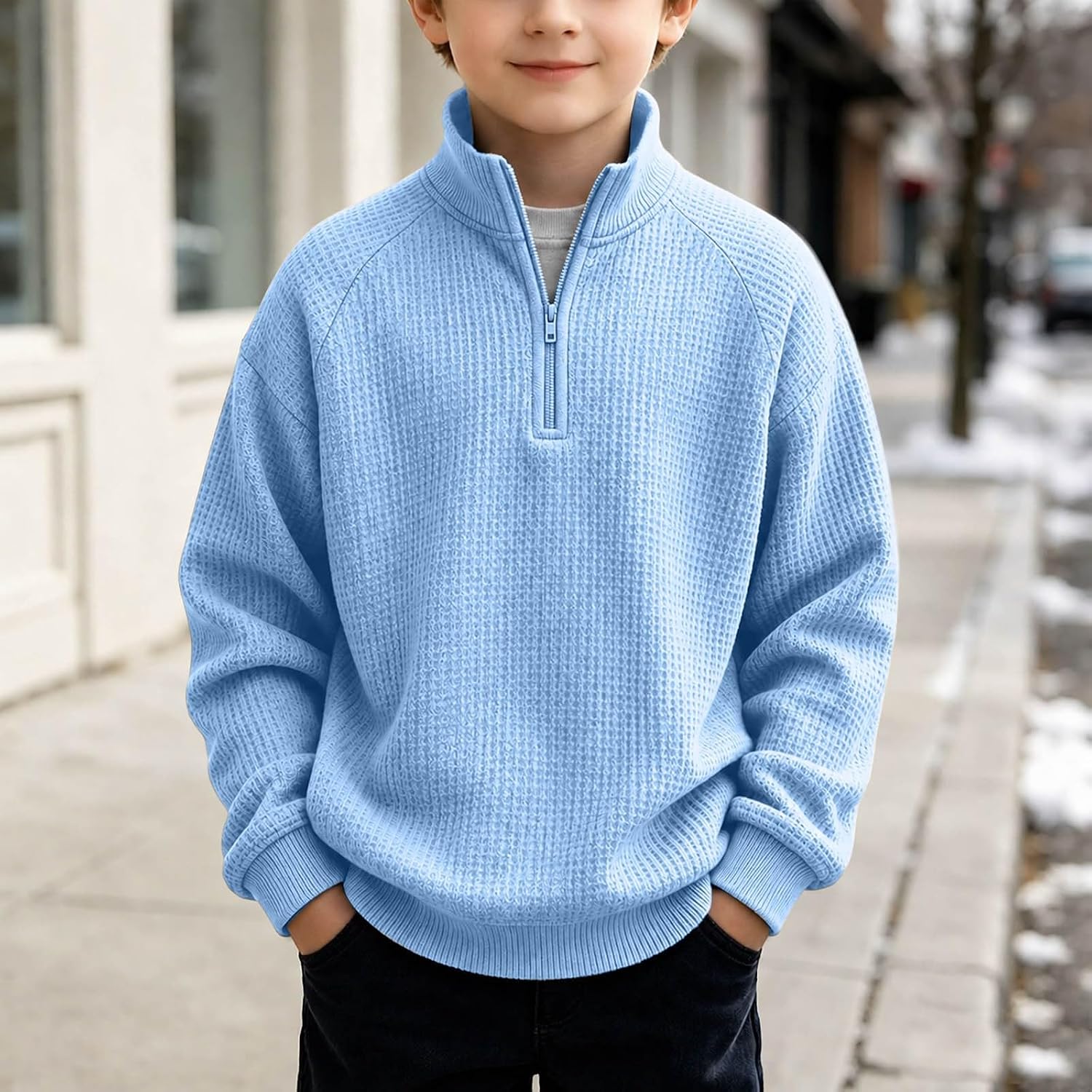 Boys Waffle Knit Quarter Zip Sweatshirts Fashion Long Sleeve Pullover Tops