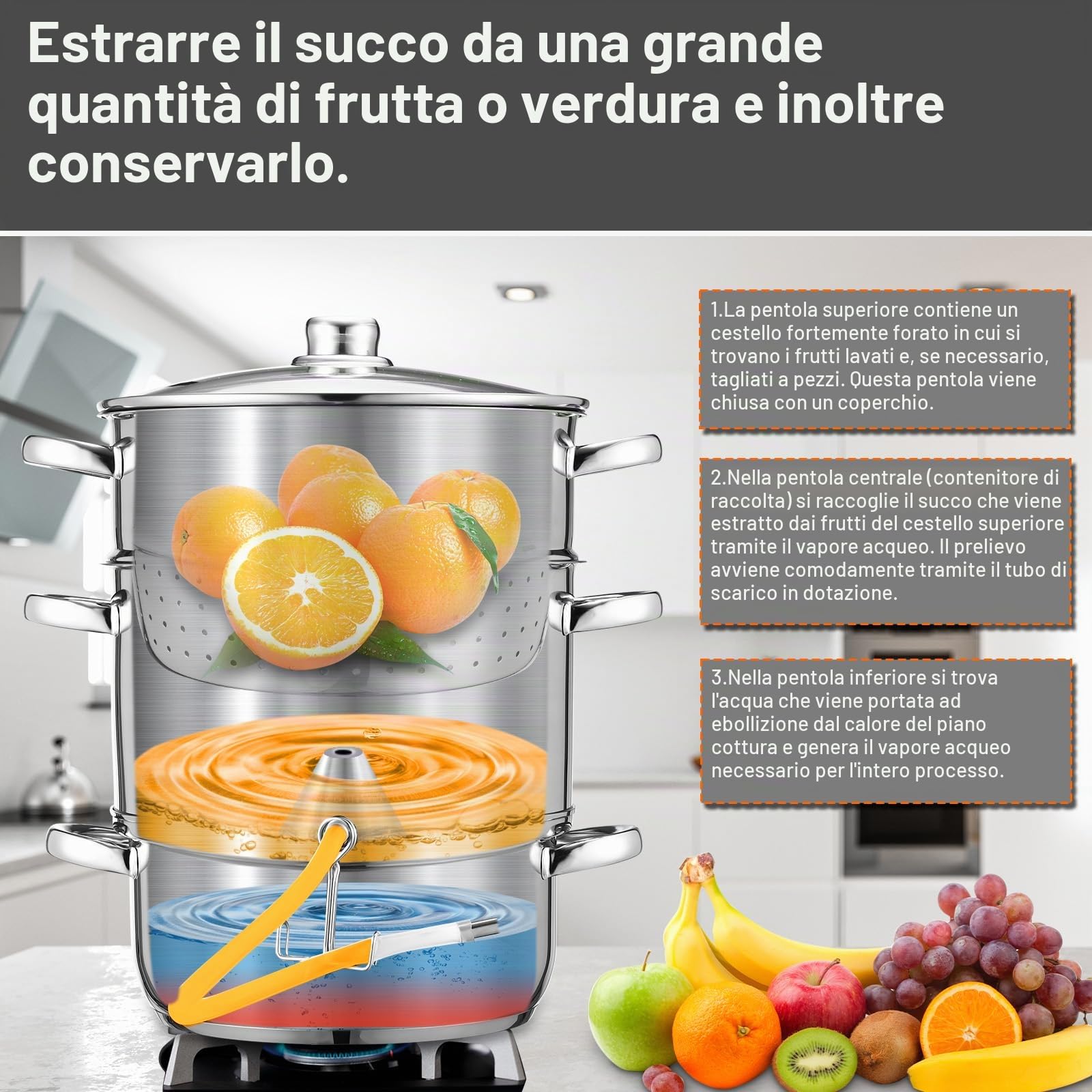 Estrattore di Succo a Vapore 16L Ø 26 cm con 4 Bottiglie, Spremiagrumi a vapore in acciaio inox per ca 8 kg di Frutta, adatto per tutti i piani cottura