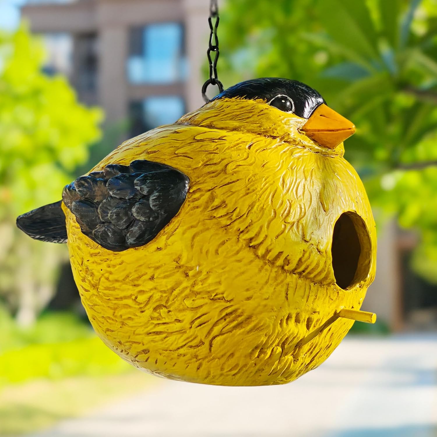 Sunny Yellow Bird House with Entry Hole, Outdoor Garden Decor Resin Birdhouse for Yard, Patio, Lawn, Weatherproof Hanging Birdhouse for Outdoor Use, Cheerful Garden Accent for Nature Lovers