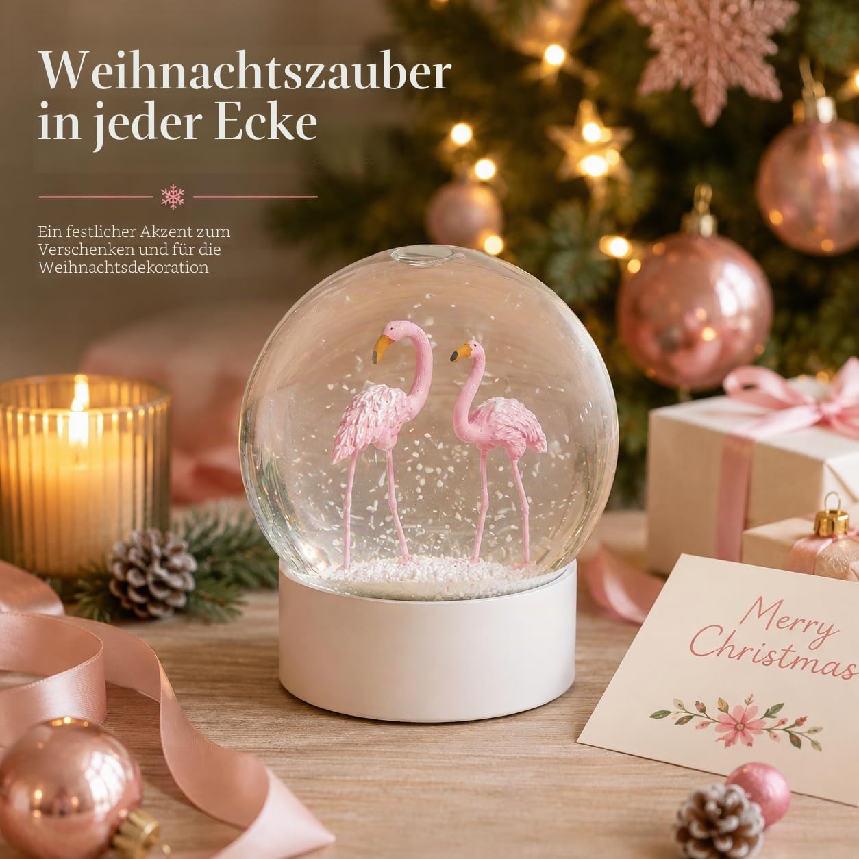 Flamingo-Schneekugel, Weihnachts-Schneekugeln für Mädchen, Kinder, Frauen, Erwachsene, 100 mm, Glitzer-Schneekugel, Geschenke für Valentinstag, Halloween, Geburtstag, Tischdekoration