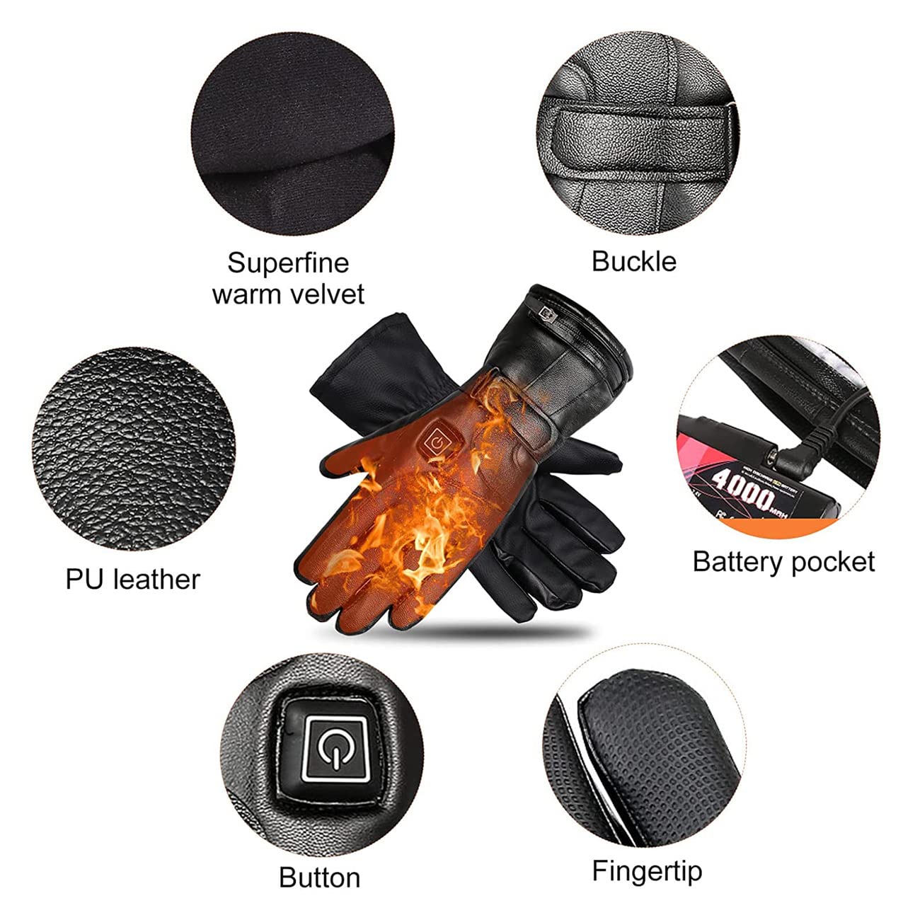 CHEWYNP Guantes calefactables de Piel sintética, para Hombres y Mujeres, Guantes térmicos eléctricos Impermeables, cálidos y cómodos, además de Forro de Terciopelo, Pantalla táctil con Bat