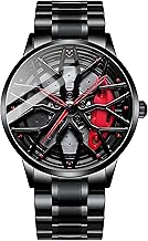 Oculus Men's Racing Rim Design Rolling car Alloy Wheel, 360° Spinning Rotating gyro Dial, Black Stainless Steel Band, Quartz Movement, Red Accents Watch for Boys