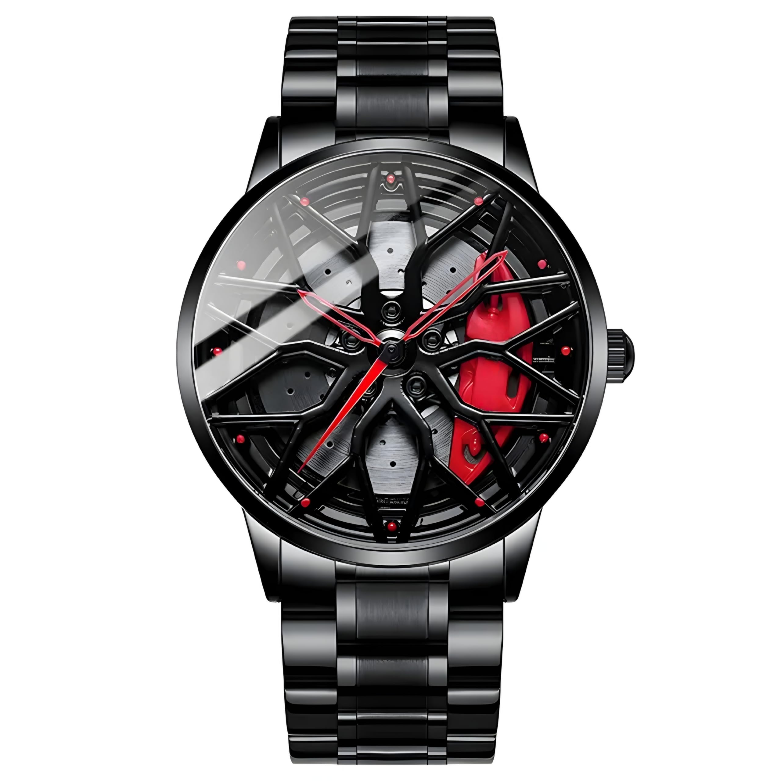 Men's Racing Rim Design Rolling car Alloy Wheel, 360° Spinning Rotating gyro Dial, Black Stainless Steel Band, Quartz Movement, Red Accents Watch for Boys-image-26