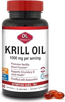 Olympian Labs Antarctic Krill Oil, 1000mg Caps with Astaxanthin, Omega-3, EPA, DHA, Immune, Joint & Brain Support, 60 Softgels
