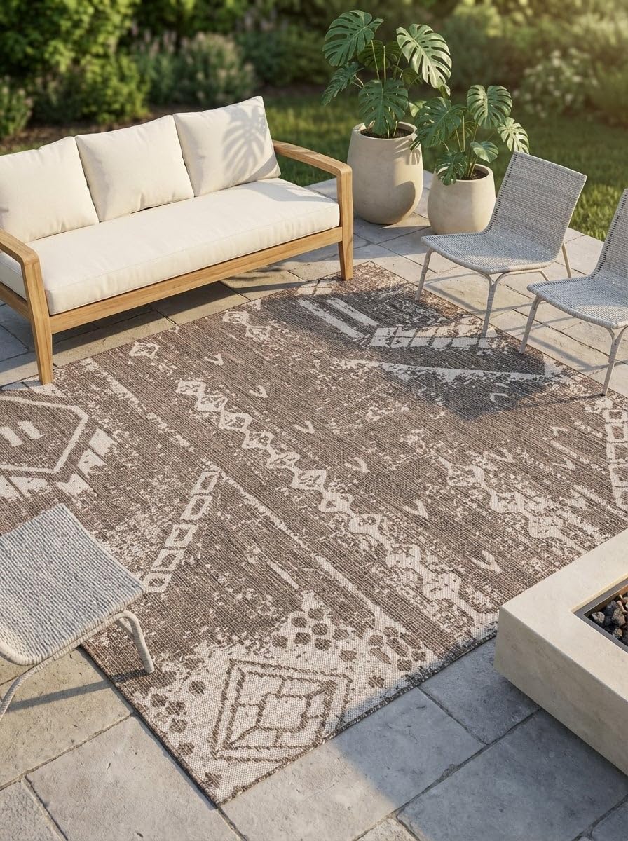 Rugs.com Outdoor Bohemian Collection Rug – 4 Ft Round Yellow Flatweave Rug Perfect for Kitchens, Dining Rooms