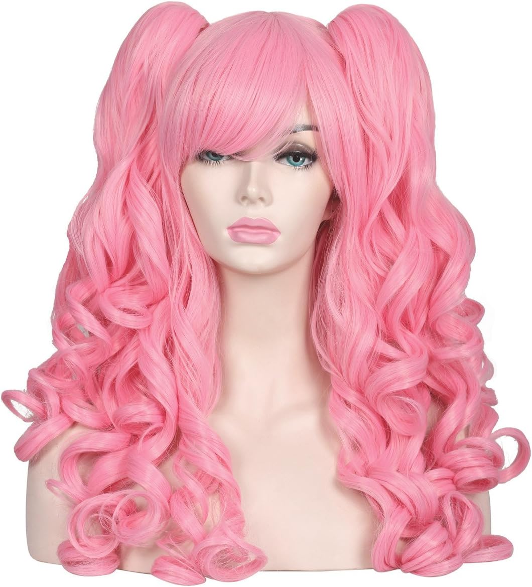 Cute Long Curly Cosplay Wig with 2 Detachable Ponytails (Light Pink)