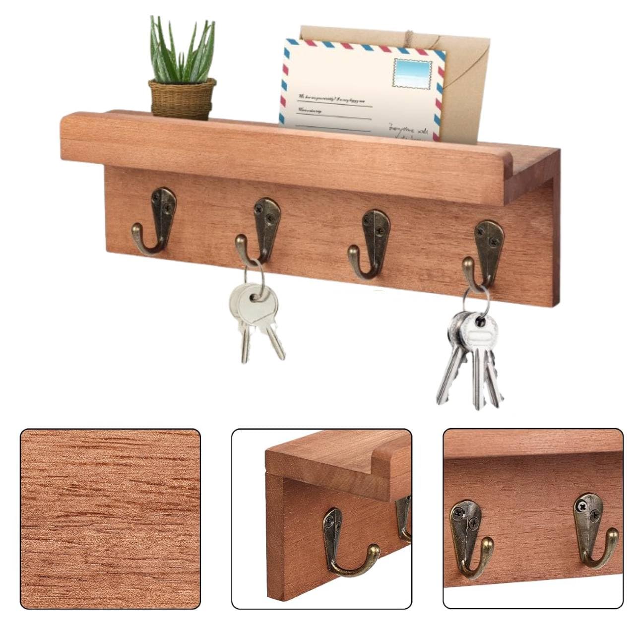 Rustic Wooden Key Holder Wall Mounted with Mail Holder & 4 Hooks – Farmhouse Entryway Key Rack & Wall Shelf Organizer for Keys, Letters & Mail (Brown - Oak)