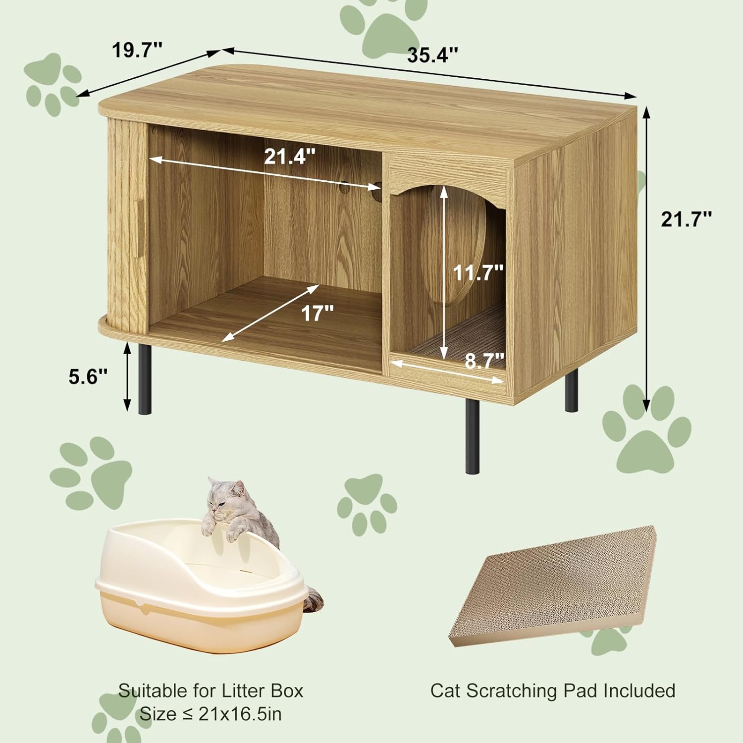 Cat Litter Box Enclosure Furniture, Fluted Hidden Litter Box Furniture with Scratching Pad, Large Wood Cat House Indoor Modern Cabinet Side End Table for Living Room, Entryway, Natural