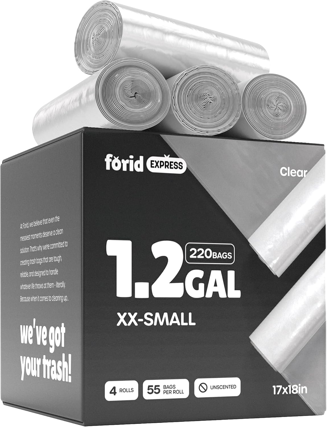 FORID Clear Small Trash Bags, 1.2 Gallon Garbage Bags, Wastebasket Bin Liners 220 Count Plastic Trash Bags for Bathroom Bedroom Office Garbage Can 5 Liters - Durable & Thick Trash Bag