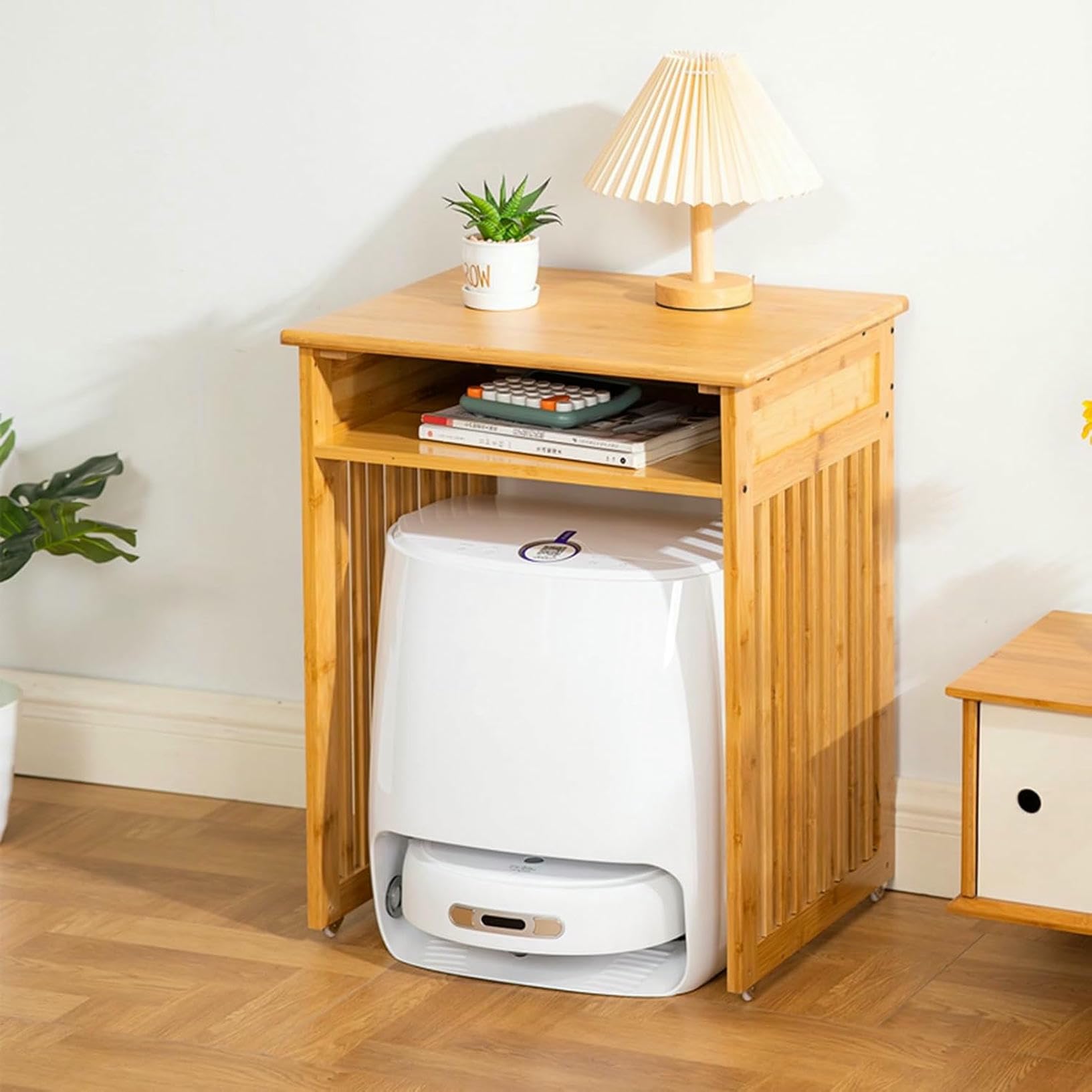 Szafka do przechowywania robota odkurzającego z szufladami, oszczędzający miejsce drewniany organizer do robotów odkurzających, ukryty schowek na zamiatarki, stylowy element dekoracyjny do l