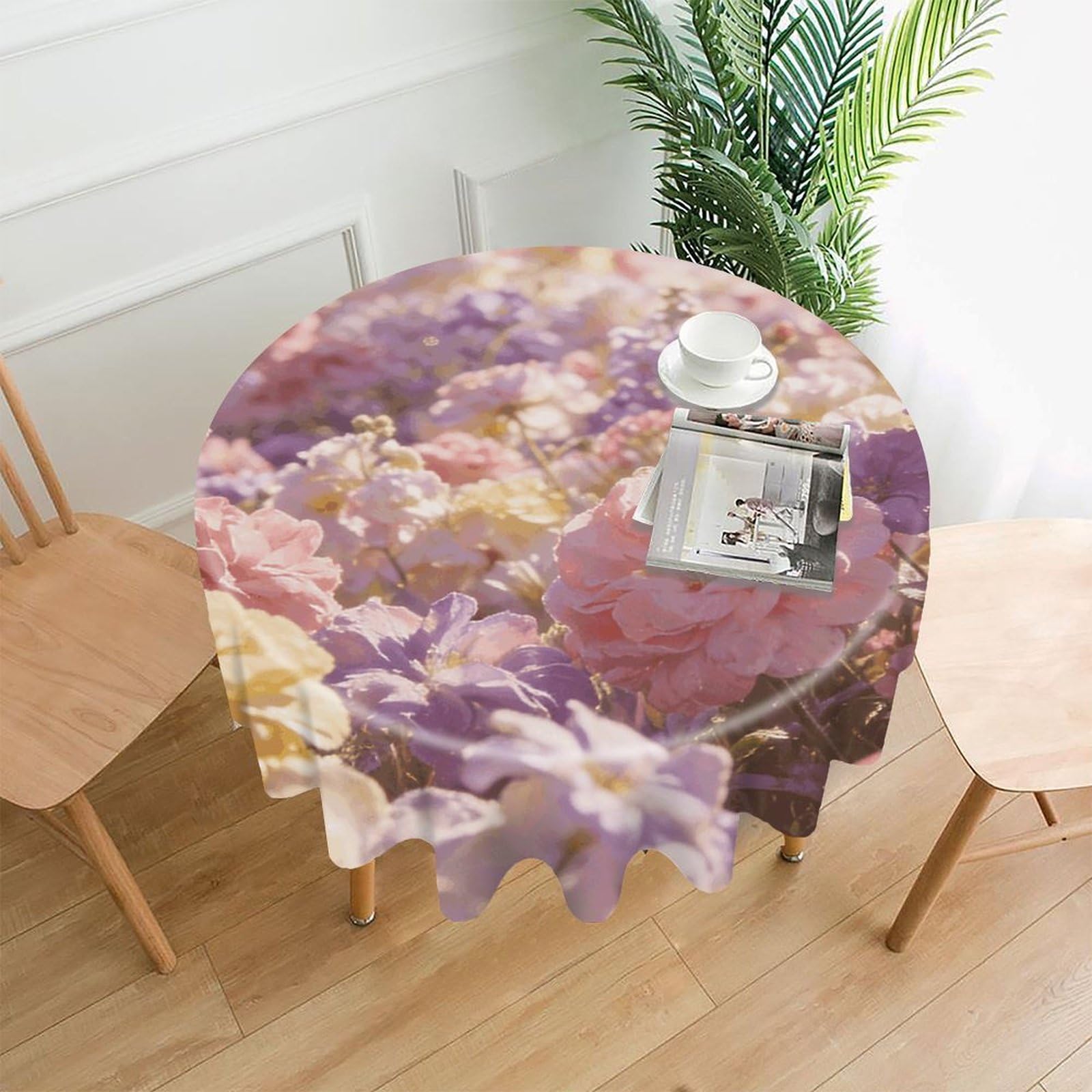 LZQPOEAS Field of Flowers Pastel Floral Tablecloth Easy to Clean Polyester Round Table Cover Washable Round Table Cloth Wrinkle-Free Circle Decoration Tablecloth for Kitchen and Dining Room 60"