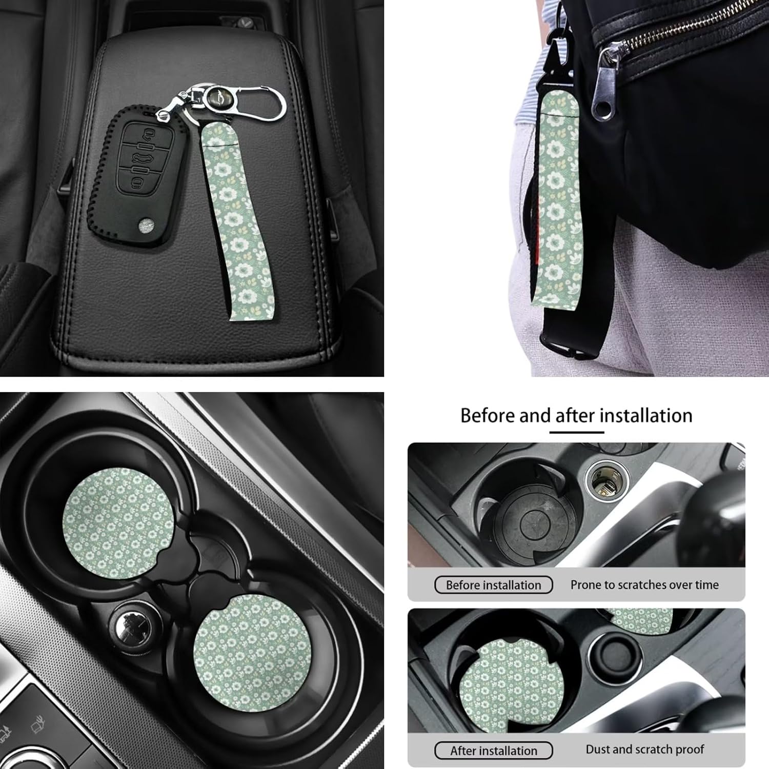 Boho Retro Hippie Groovy Daisy Flower Steering Wheel Covers for Women Full Set with Aesthetic Print Car Accessories Sage Green Cupholder Car Coaster Keychain Steering Wheel Protector,4pc image 5
