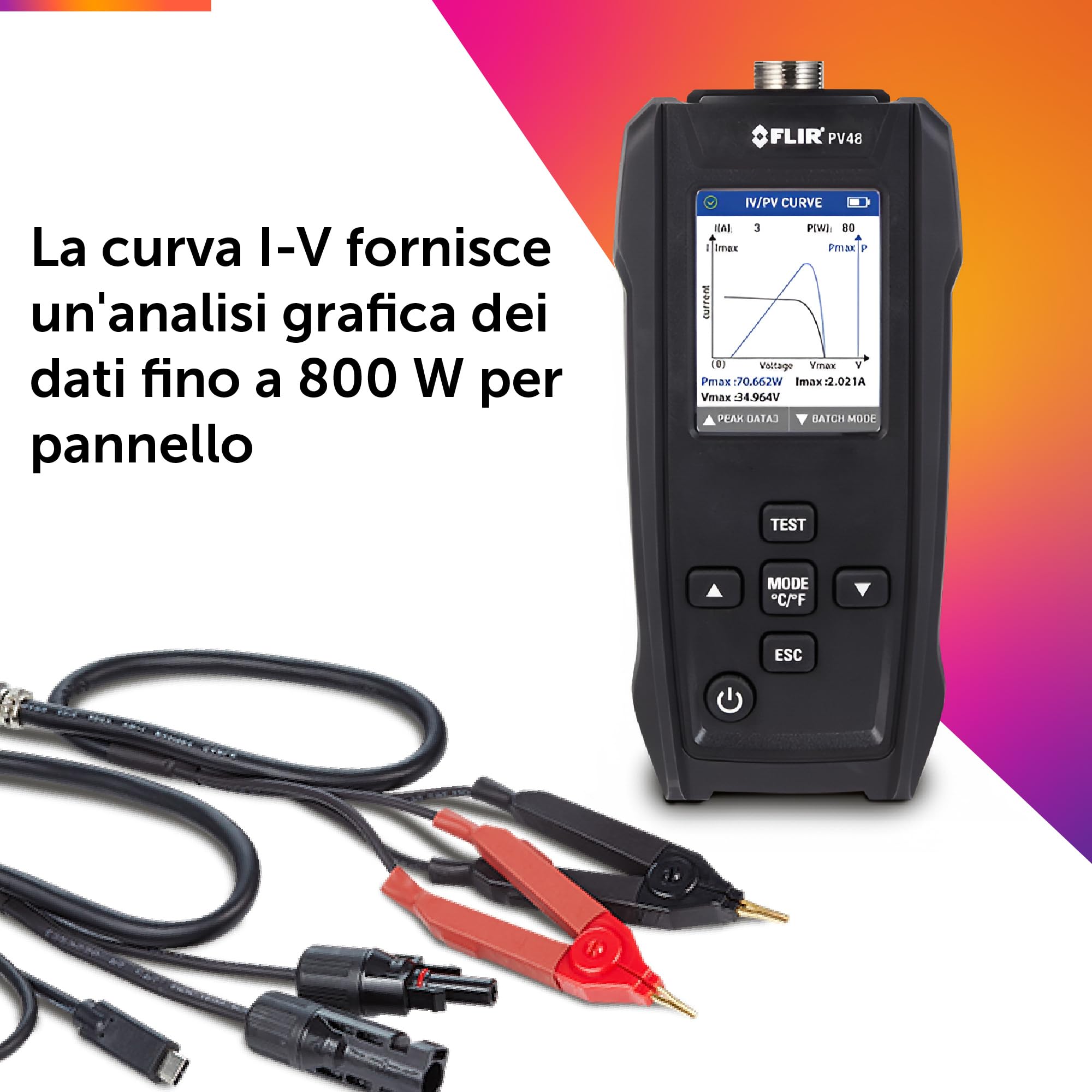 Flir PV48 Tester Pannello Solare e Tracciatore Curva I-V, Temp | Potenza max e rendimento, curva I-V fino a 800W/pannello, LCD leggibile sole, batteria litio, MC4