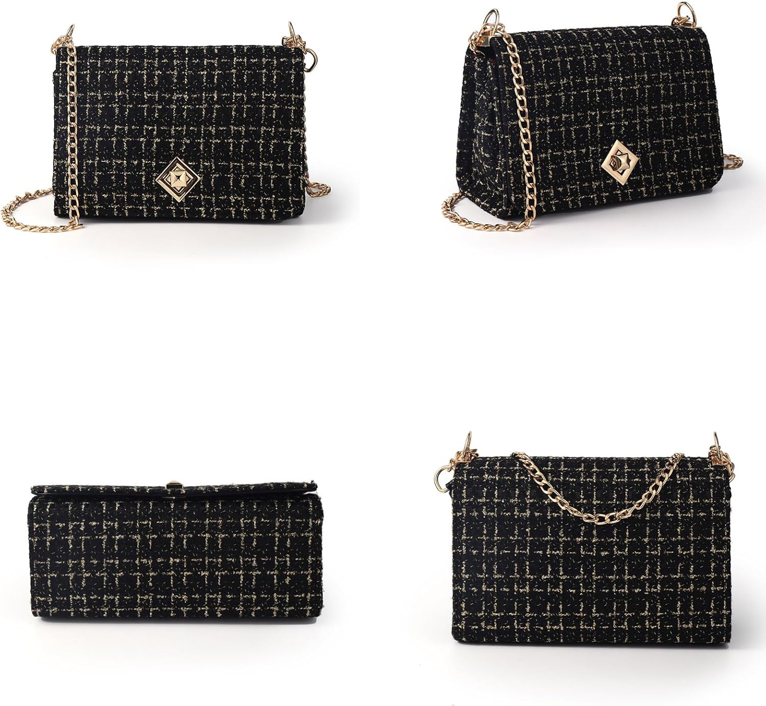 Large Shoulder Bags for Women PU Leather Cross body Bag Tweed Purses Evening Bag Clutch Satchels, with Chain Strap