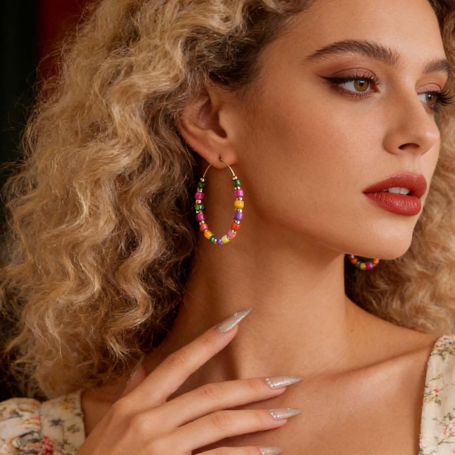 Boho Rainbow Seed Beaded Circle Earrings Circle Bead Hoop Earrings Colorful Bead Hoop Dangle Earring Acrylic Multi Color Beads Round Earring Jewelry for Women - Image 8