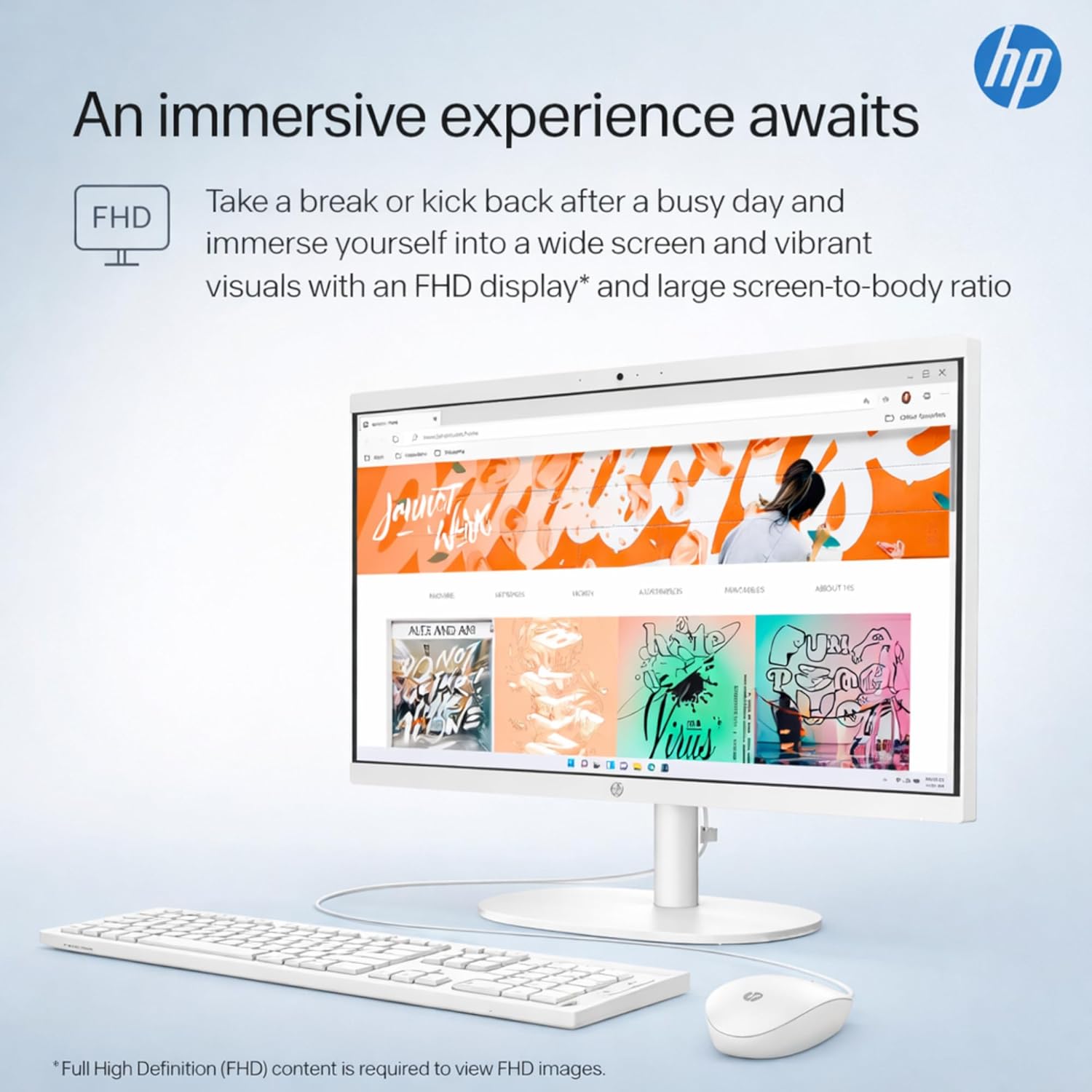 HP All-in-One PC displaying vibrant visuals on its FHD screen.
