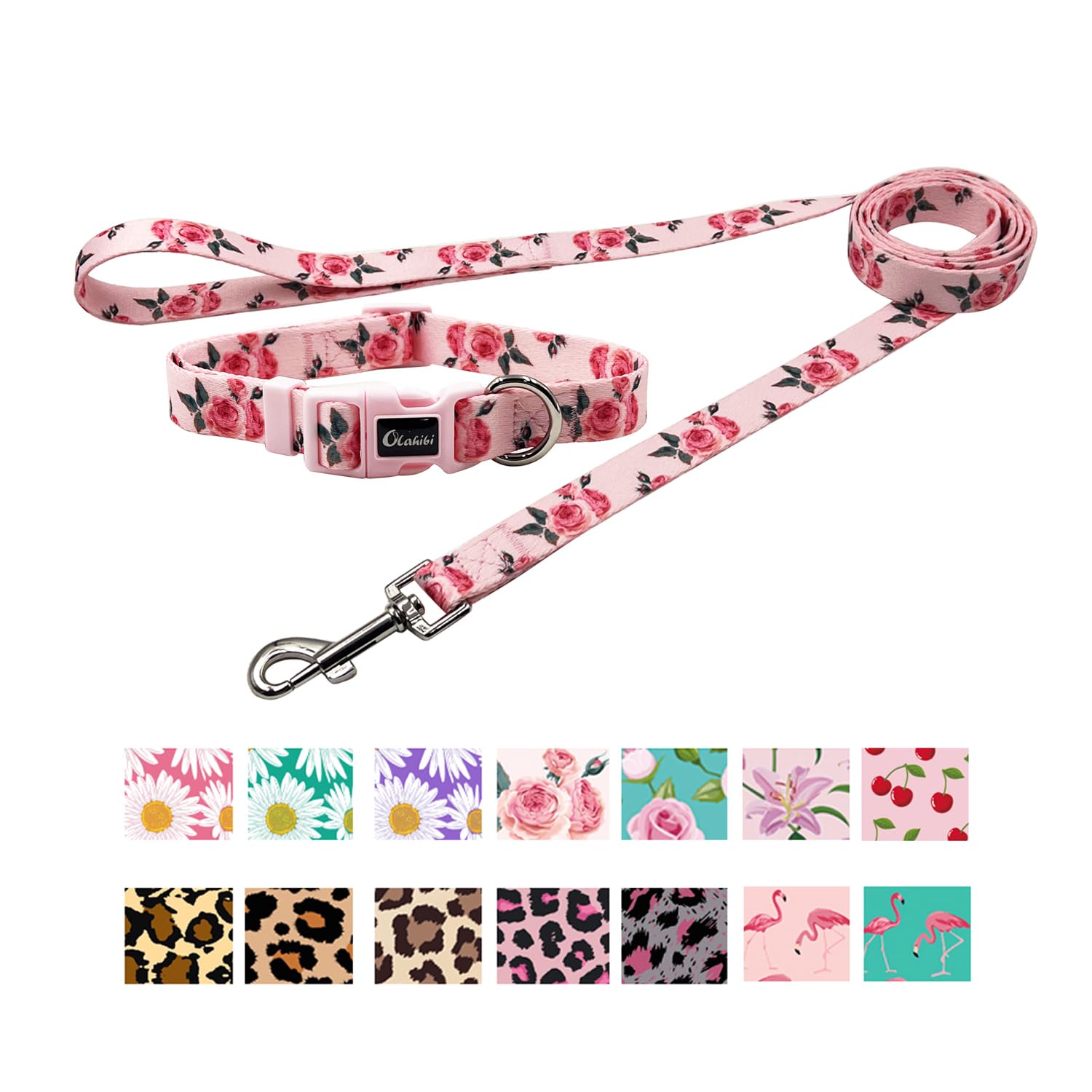 Olahibi Dog Collar and Leash Set, Cute Rose Pattern, Polyester Material, 5ft Leash, for Large Dogs.(L,Pink Rose)